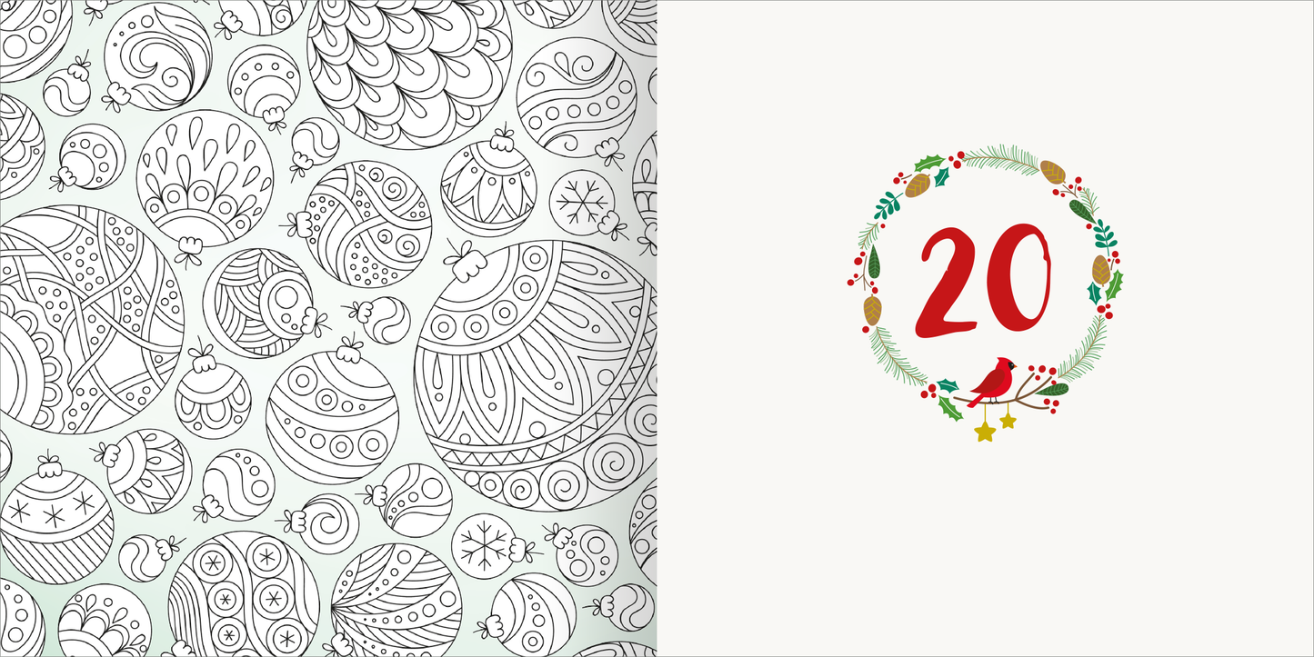 Gezeigt wird eine Innen- oder Zusatzansicht von „Diamond Adventskalender“. Auf der linken Seite befindet sich ein detailliertes, monochromes Muster von Weihnachtskugeln mit geschwungenen Linien und komplizierten Mustern. Rechts ist die Zahl „20“ in kräftigem Rot, umrahmt von einem festlichen Kranz aus grünen Tannenzweigen, kleinen roten Beeren und goldenen Sternen. Der Hintergrund ist schlicht in hellem Cremefarben gehalten, was einen harmonischen Kontrast zu den lebhaften Farben...