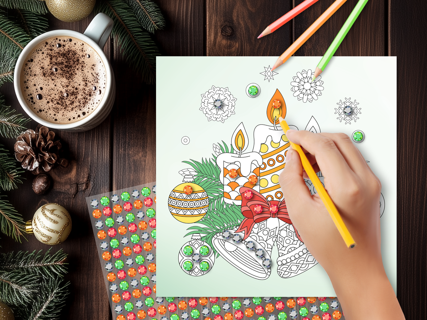 Gezeigt wird eine Innen- oder Zusatzansicht von „Diamond Adventskalender“. Die Abbildung zeigt eine Hand, die mit einem gelben Buntstift eine Zeichnung von brennenden Kerzen und weihnachtlichen Motiven koloriert. Vereinzelt sind grüne und rote Farbtöne sichtbar. Im Hintergrund befindet sich eine Tasse mit Schaumkrone, umgeben von Tannenzweigen und weihnachtlicher Dekoration. Die Typografie ist verspielt und festlich, unterstrichen von den bunten Musterpapieren, die eine festliche Stimmung...