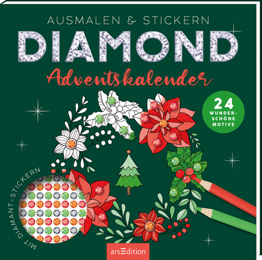 Das Buchcover zeigt einen grünen Hintergrund, auf dem festliche Elemente wie rote und weiße Weihnachtssterne sowie Tannenzweige in leuchtenden Farben platziert sind. Die Schriftzüge „AUSMALEN & STICKERN“ und „DIAMOND Adventskalender“ heben sich in großen, verschnörkelten Buchstaben ab. Ein runder Sticker in der unteren linken Ecke kündigt „24 WUNDERSCHÖNE MOTIVE“ an. Die Atmosphäre vermittelt Vorfreude auf die Adventszeit. Ganz unten mittig steht der Logoschriftzug von...