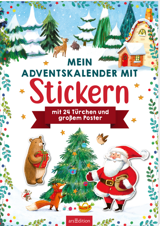 Das Buchcover zeigt eine festliche winterliche Szene mit einem fröhlichen Weihnachtsmann, der mit Geschenken beschäftigt ist. Um ihn herum sind ein bär mit einem geschmückten Baum, Tannen und ein kleines Holzhäuschen zu sehen. Der Titel „Mein Adventskalender mit Stickern“ ist in großen, roten Buchstaben prominent platziert, während darunter der Zusatz „mit 24 Türchen und großem Poster“ in einer eckigen, roten Box erscheint. Die Farben sind lebendig und einladend, und angenehme,...