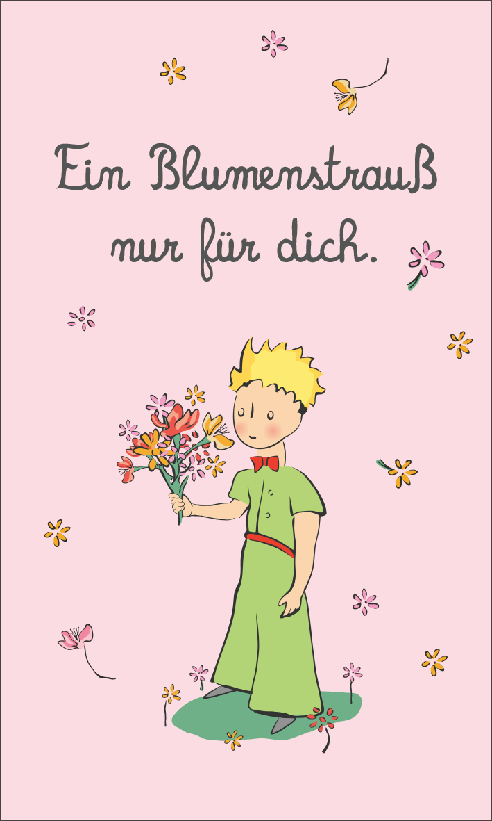 Gezeigt wird eine Innen- oder Zusatzansicht von „Man sieht nur mit dem Herzen gut. 24 kleine Botschaften für dich“. Die Illustration zeigt einen kleinen Jungen mit blonden Haaren und einem grünen Kleid, der einen bunten Blumenstrauß in den Händen hält. Der Hintergrund ist in einem sanften Rosa gehalten. Die Schrift ist verspielt und handschriftlich, in einem grauen Farbton, wobei der Text „Ein Blumenstrauß nur für dich“ prominent platziert ist. Kleine bunte Blumen und Blüten...