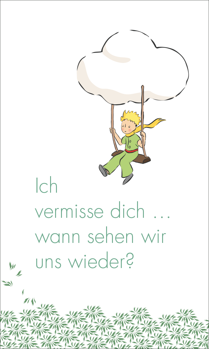 Gezeigt wird eine Innen- oder Zusatzansicht von „Man sieht nur mit dem Herzen gut. 24 kleine Botschaften für dich“. Die illustration zeigt einen Jungen mit blonden Haaren, der auf einer Schaukel sitzt und an einer Wolke schwingt. Der Hintergrund ist hell und freundlich, mit sanften Grüntönen. Die Schrift ist modern und klar; der Text „Ich vermisse dich … wann sehen wir uns wieder?“ wirkt einladend und emotional. Am unteren Rand sind stilisierte Blätter in einem etwas dunkleren...
