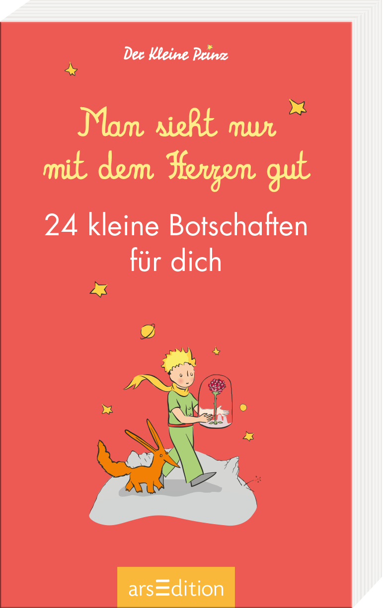Das Buchcover zeigt einen leuchtend korallenroten Hintergrund mit dem Titel „Man sieht nur mit dem Herzen gut“ in eleganter, goldener Schrift. Darunter steht „24 kleine Botschaften für dich“ in klarer, weißer Typografie. In der Mitte des Covers ist eine kindliche Illustration eines kleinen Jungen mit einem gelben Haar, der eine rote Blume in der Hand hält. Um ihn herum sind kleine Sterne verstreut. Oben links ist der Urheber „Der Kleine Prinz“ genannt. Ein...