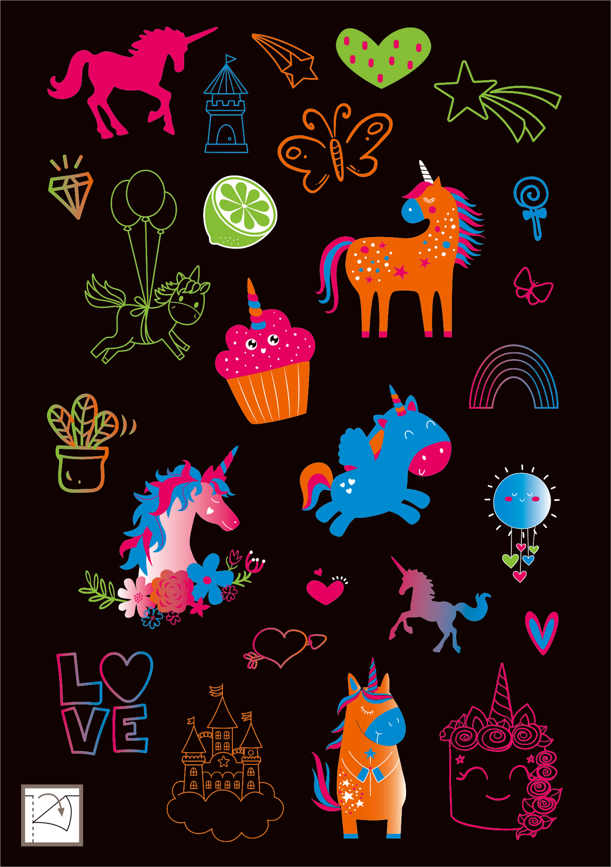 Gezeigt wird eine Innen- oder Zusatzansicht von „Neon-Sticker“. Die Darstellung umfasst bunte Illustrationen von Einhörnern, Cupcakes, Herzen und Blumen auf schwarzem Hintergrund. Dominierende Farben sind leuchtendes Pink, Blau, Orange und Grün. Die Typografie ist verspielt, mit dem Wort „LOVE“ in eleganten, kurvigen Buchstaben. Weitere Elemente sind Ballons, ein Regenbogen und ein Schloss, die allesamt fröhlich und kindgerecht gestaltet sind.