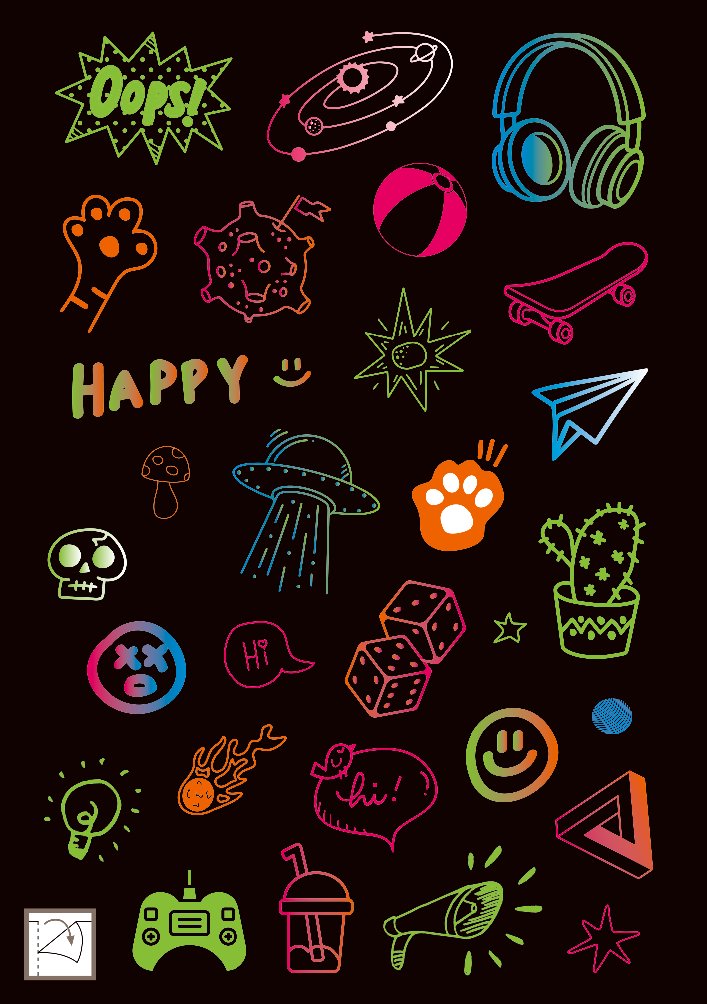 Gezeigt wird eine Innen- oder Zusatzansicht von „Neon-Sticker“. Die Aufkleber präsentieren eine Vielzahl von bunten Motiven, darunter Sterne, smileyartige Gesichter, sowie spielerische Symbole wie Skateboards und UFOs. Die Farben sind lebhaft in Neon-Tönen wie Pink, Grün und Blau gehalten, während die Schriftzüge wie „HAPPY“ und „Oops!“ in verspielter, handschriftlicher Typografie erscheinen. Der Hintergrund ist schwarz, was die leuchtenden Farben hervorhebt.