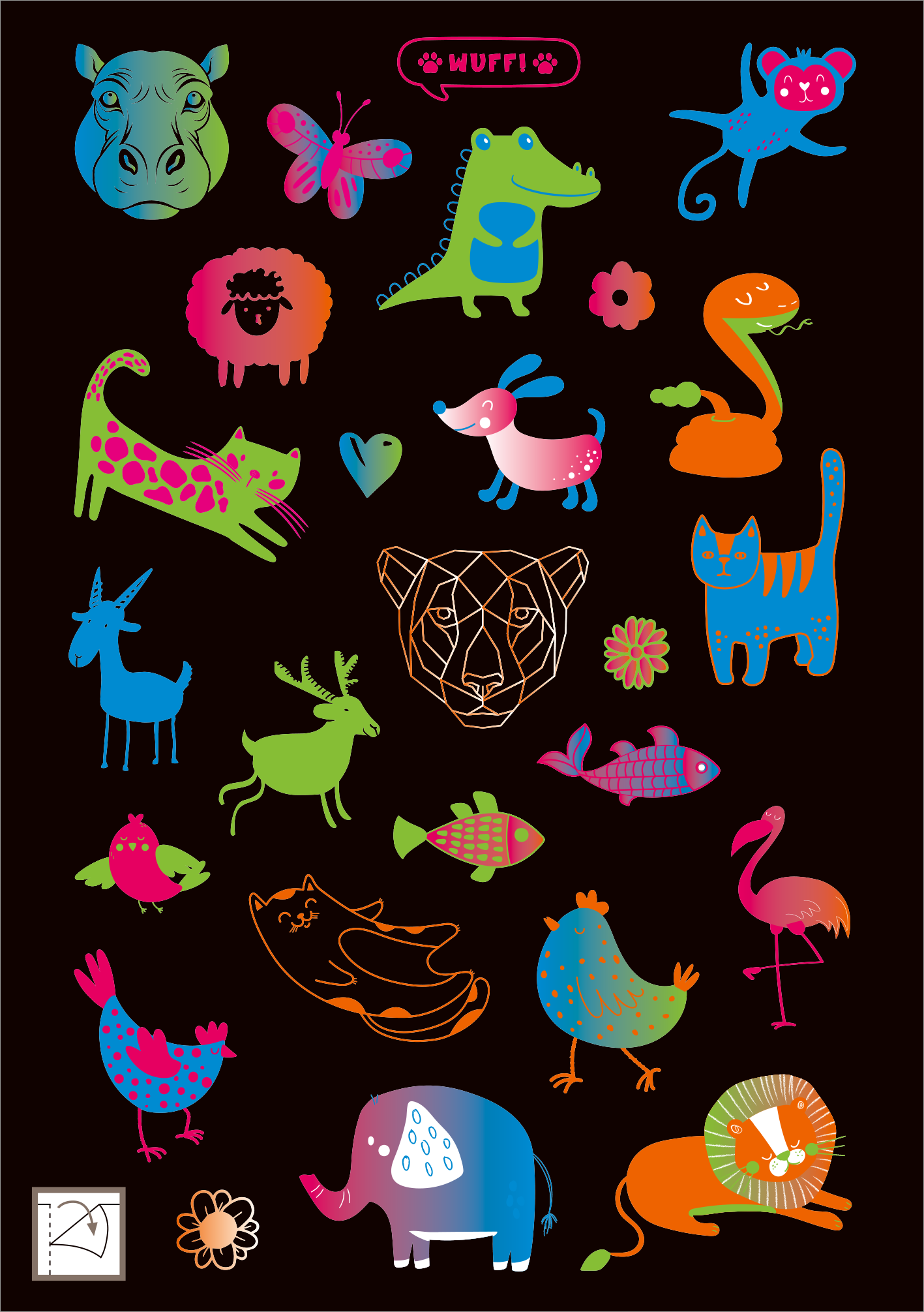 Gezeigt wird eine Innen- oder Zusatzansicht von „Neon-Sticker“. Auf einem schwarzen Hintergrund sind farbenfrohe, cartoonartige Tiere und Pflanzen abgebildet. Dazu gehören ein grünes Krokodil, ein rotes Schaf, ein blauer Elefant und ein stilisierter Bärenkopf in der Mitte. Die Farben reichen von neonpink über türkis bis orange, mit verspielten Mustern und typografischen Elementen. Die Typografie ist modern und kindgerecht gestaltet.