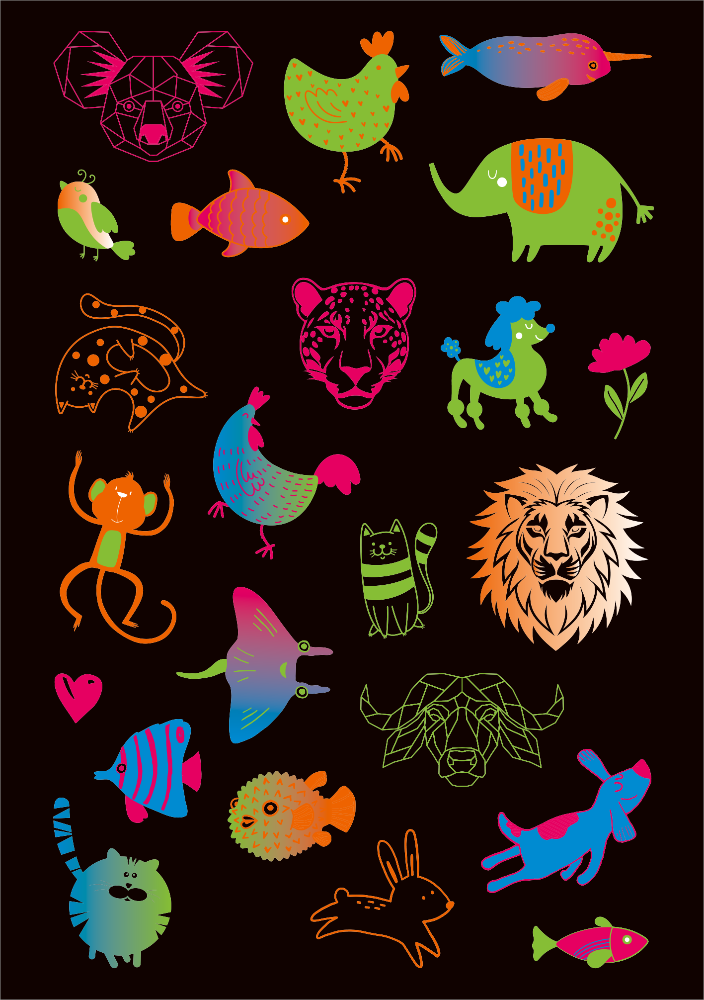 Gezeigt wird eine Innen- oder Zusatzansicht von „Neon-Sticker“. Die Abbildung zeigt eine dynamische Anordnung verschiedener bunter Tiermotive, darunter ein Löwe, ein Elefant und ein Vogel. Die Farben sind lebhaft und leuchtend, vor allem in Neonpink, -grün und -blau. Die Figuren sind stilisiert und teilweise cartoonhaft gestaltet, wobei die Typografie bewusst einfach gehalten ist, um die Illustrationen in den Vordergrund zu stellen. Der Hintergrund ist in einem tiefen Schwarz gehalten,...