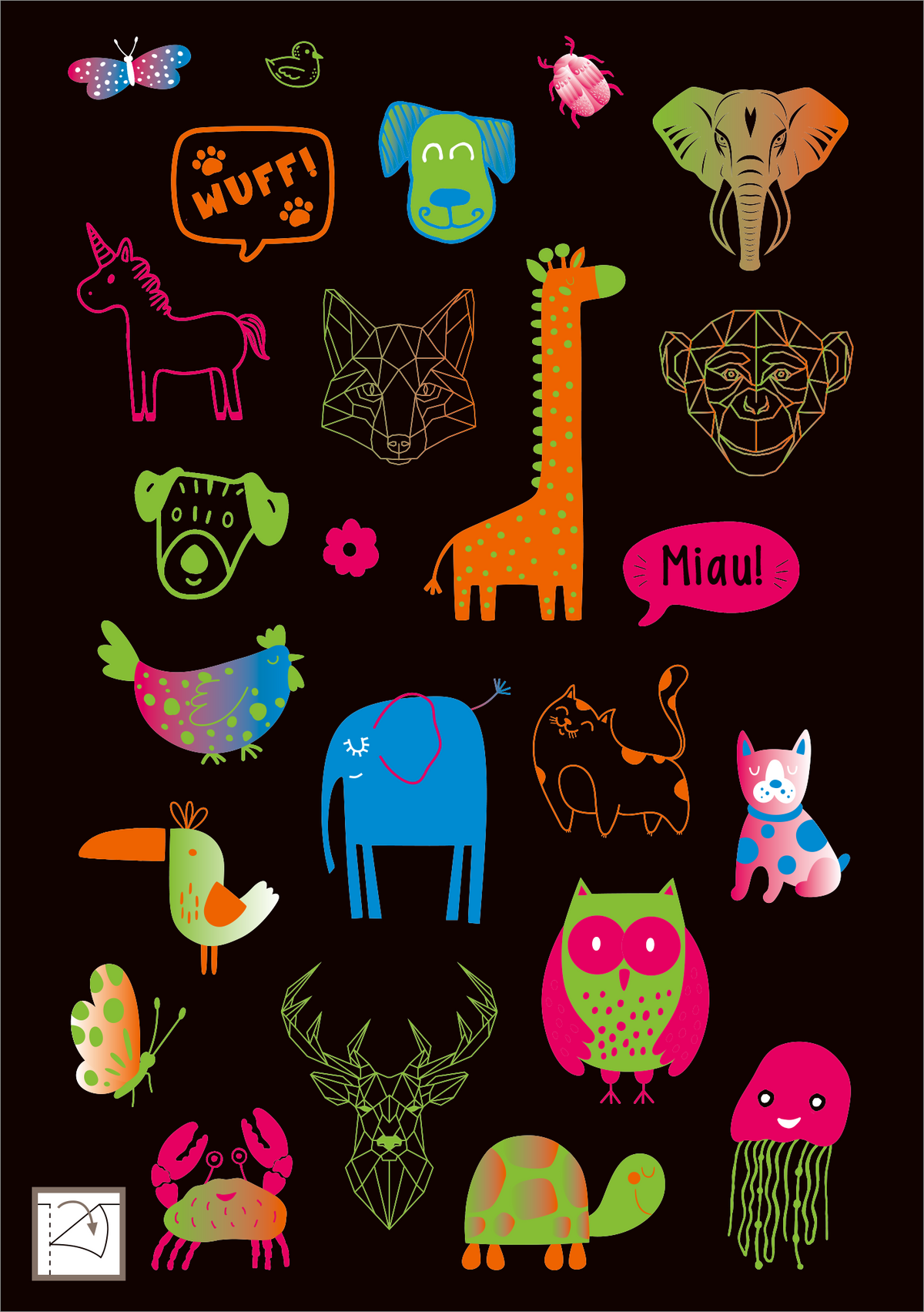 Gezeigt wird eine Innen- oder Zusatzansicht von „Neon-Sticker“. Die Darstellung umfasst bunte, cartoonartige Tiermotive wie einen Elefanten, eine Giraffe, einen Hund und einen Kater. Die Farben sind leuchtend und abwechslungsreich, darunter Pink, Blau, Grün und Orange. Textelemente wie „Wuff!“ und „Miau!“ sind in einer verspielten Schriftart gehalten. Der Hintergrund ist schwarz, was die leuchtenden Farben der Sticker hervorhebt und einen fröhlichen, einladenden Eindruck...