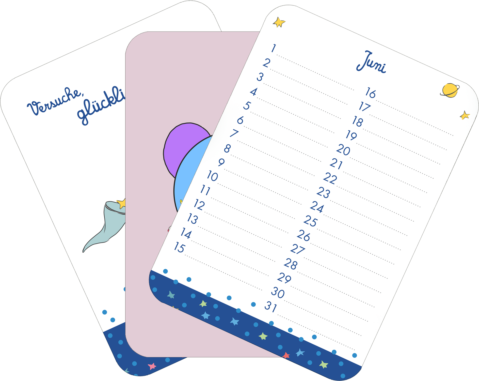 Gezeigt wird eine Innen- oder Zusatzansicht von „Der Kleine Prinz. Geburtstagskalender“. Auf den Karten sind sanfte Pastellfarben zu sehen, darunter ein zarter Lila- und Blauton. Die Illustrationen zeigen grafische Elemente wie Sterne und Figuren aus der Geschichte. Die Typografie ist verspielt und handgeschrieben, mit dem Schriftzug „Versuche, glücklich zu sein“ auf einer Karte. Die Kalendertage auf der dritten Karte sind klar und gut lesbar angeordnet.