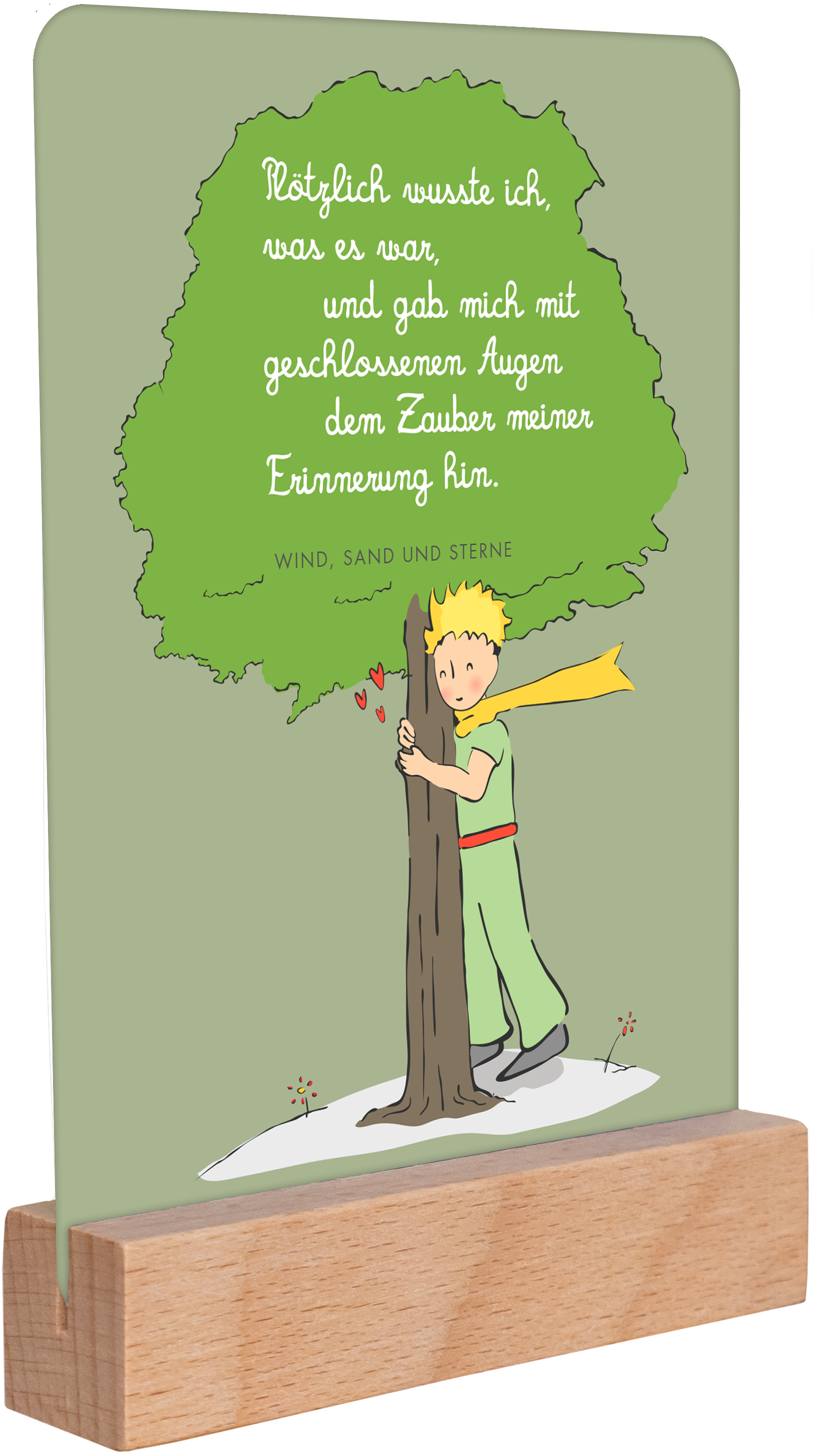 Gezeigt wird eine Innen- oder Zusatzansicht von „Der Kleine Prinz. Geburtstagskalender“. Die Abbildung zeigt eine stilisierte Szene mit einem kleinen Prinzen, der an einem Baum lehnt. Der Hintergrund ist in sanftem Grün gehalten. Über dem Prinzen steht ein Zitat in eleganter, geschwungener Schrift, die in Weiß gehalten ist. Der Prinz trägt ein grünes Outfit mit einem roten Gürtel und eine gelbe Schärpe. Unterhalb des Baumes sind Herzen und das Zitat „WIND, SAND UND STERNE“ zu...