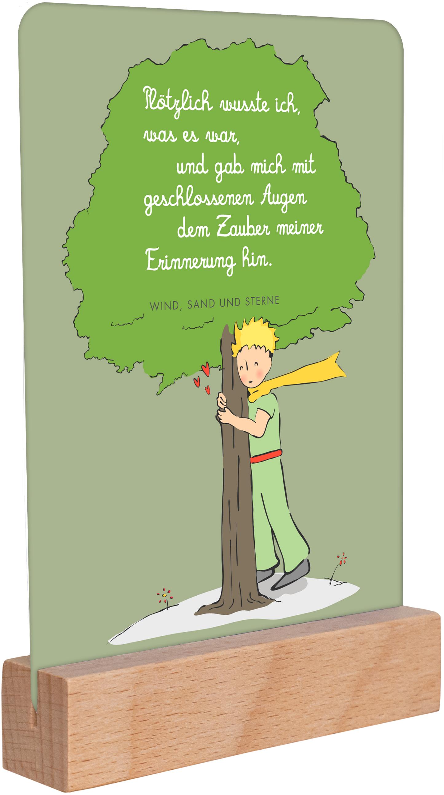 Gezeigt wird eine Innen- oder Zusatzansicht von „Der Kleine Prinz. Geburtstagskalender“. Die Abbildung zeigt eine stilisierte Szene mit einem kleinen Prinzen, der an einem Baum lehnt. Der Hintergrund ist in sanftem Grün gehalten. Über dem Prinzen steht ein Zitat in eleganter, geschwungener Schrift, die in Weiß gehalten ist. Der Prinz trägt ein grünes Outfit mit einem roten Gürtel und eine gelbe Schärpe. Unterhalb des Baumes sind Herzen und das Zitat „WIND, SAND UND STERNE“ zu...