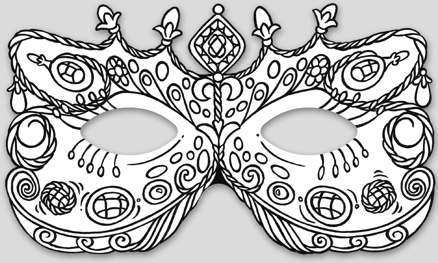 Gezeigt wird eine Innen- oder Zusatzansicht von „Feenmasken zum Ausmalen“. Die Abbildung zeigt eine kunstvoll gestaltete Maske mit geschwungenen Linien und detaillierten Mustern, die spiralförmige und punktierte Elemente enthalten. Zwei große Augenlöcher und ein zentral geschmückter Punkt verleihen der Maskenform eine zauberhafte Note. Der Hintergrund ist neutral, sodass die schwarze, umrisste Zeichnung zur Geltung kommt und zum Ausmalen einlädt.
