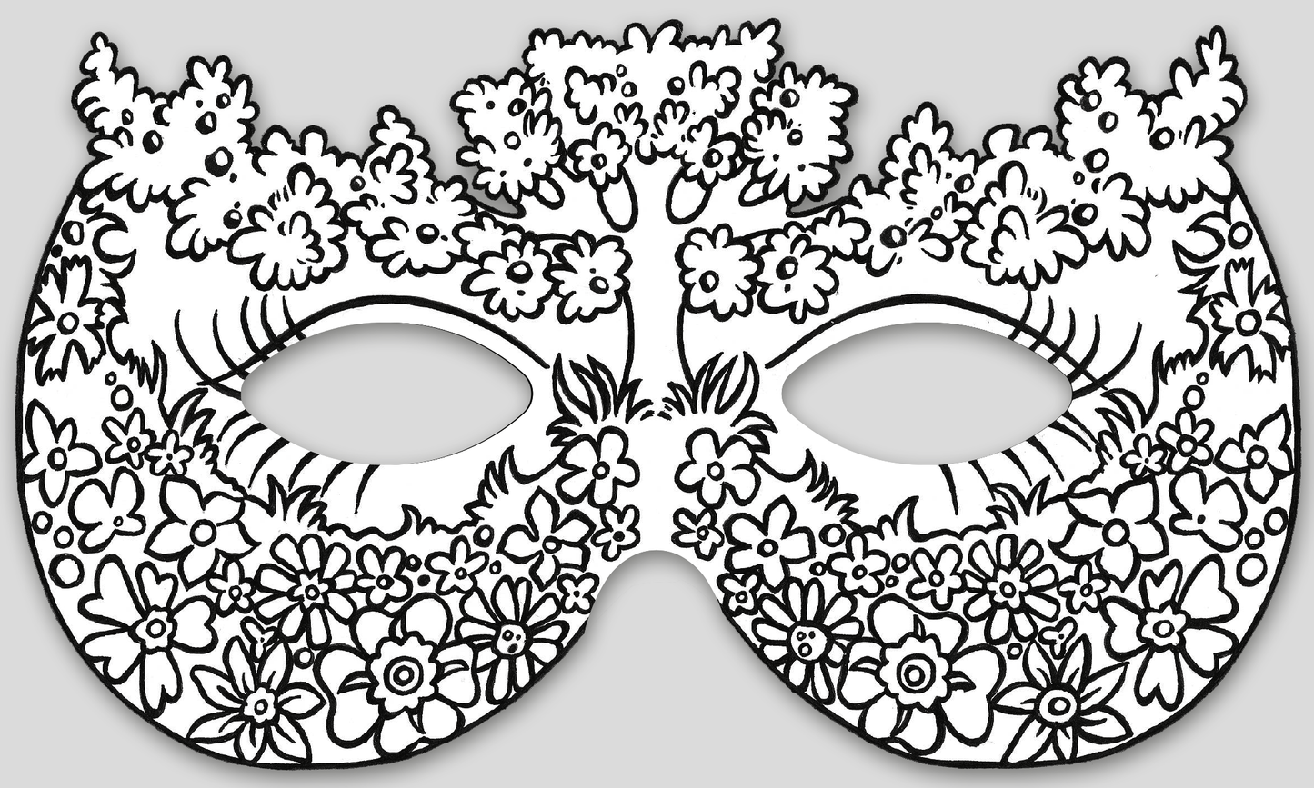 Gezeigt wird eine Innen- oder Zusatzansicht von „Feenmasken zum Ausmalen“. Die Maske ist mit filigranen, floralen Motiven verziert, die eine Vielzahl von Blumen und Blättern darstellen. In der Mitte der Maske erhebt sich ein Baum, umgeben von bunten Elementen. Die Konturen sind klar und deutlich, um ein präzises Ausmalen zu ermöglichen. Die insgesamt schwarz-weiße Gestaltung bietet Raum für Kreativität und individuelles Farbenspiel.