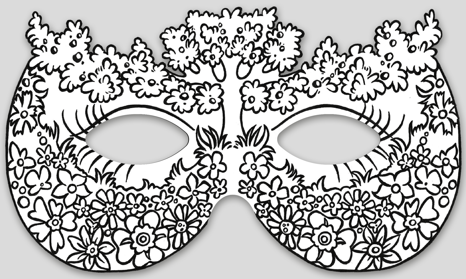 Gezeigt wird eine Innen- oder Zusatzansicht von „Feenmasken zum Ausmalen“. Die Maske ist mit filigranen, floralen Motiven verziert, die eine Vielzahl von Blumen und Blättern darstellen. In der Mitte der Maske erhebt sich ein Baum, umgeben von bunten Elementen. Die Konturen sind klar und deutlich, um ein präzises Ausmalen zu ermöglichen. Die insgesamt schwarz-weiße Gestaltung bietet Raum für Kreativität und individuelles Farbenspiel.