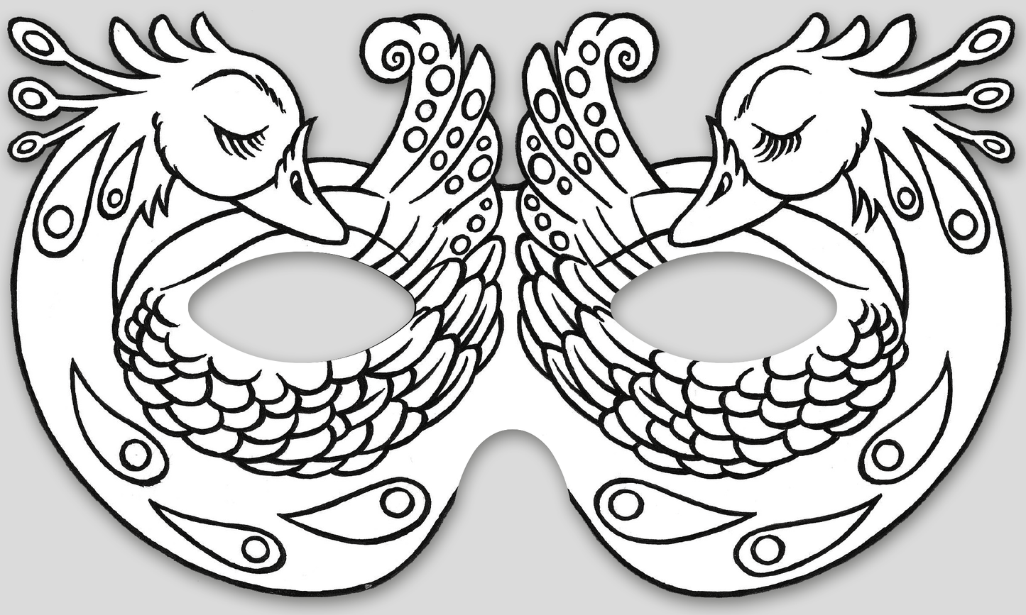 Gezeigt wird eine Innen- oder Zusatzansicht von „Feenmasken zum Ausmalen“. Die Darstellung zeigt eine maskenartige Zeichnung mit zwei stilisierten Vögeln, die einander zugewandt sind. Die Vögel sind mit geschwungenen Linien und detaillierten Mustern gestaltet, die deren Federn hervorheben. Die Farbgebung ist in einem klaren, überwiegend weißen Schema gehalten, ideal zum Ausmalen. Die Typografie ist verspielt und fließend, was die märchenhafte Atmosphäre unterstreicht.