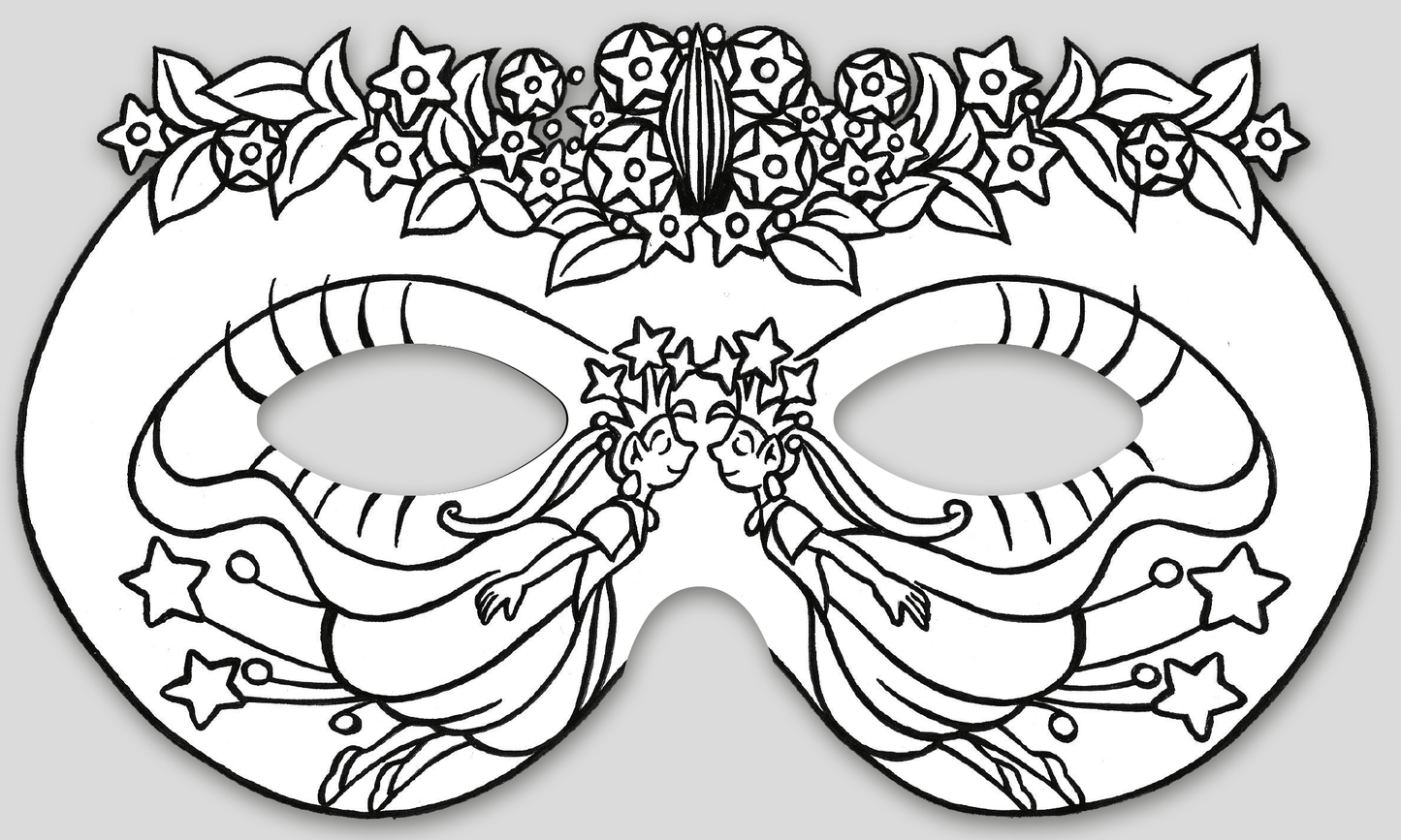 Gezeigt wird eine Innen- oder Zusatzansicht von „Feenmasken zum Ausmalen“. Die Abbildung zeigt eine maskenförmige Zeichnung, die mit floralen Motiven, darunter Blumen und Blätter, verziert ist. Im unteren Bereich sind zwei feenartige Figuren dargestellt, die harmonisch nebeneinander stehen und von Sternen umgeben sind. Die Konturen sind klar und dunkel, was eine einfache Ausmalung ermöglicht. Die Typografie ist in der Gestaltung der Masken nicht enthalten, wodurch der Fokus auf den...