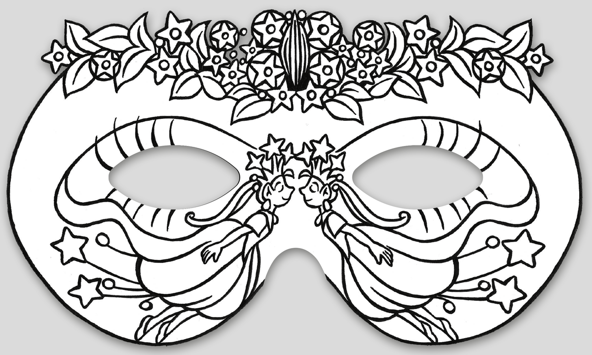 Gezeigt wird eine Innen- oder Zusatzansicht von „Feenmasken zum Ausmalen“. Die Abbildung zeigt eine maskenförmige Zeichnung, die mit floralen Motiven, darunter Blumen und Blätter, verziert ist. Im unteren Bereich sind zwei feenartige Figuren dargestellt, die harmonisch nebeneinander stehen und von Sternen umgeben sind. Die Konturen sind klar und dunkel, was eine einfache Ausmalung ermöglicht. Die Typografie ist in der Gestaltung der Masken nicht enthalten, wodurch der Fokus auf den...