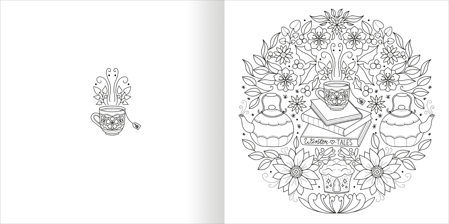 Gezeigt wird eine Innen- oder Zusatzansicht von „Mandala-Zauber – Winterzeit“. Die Abbildung zeigt ein detailliertes, schwarz-weißes Mandala mit verschiedenen Teetassen, einer Teekanne und Winterblumen. Die zarten Umrisse laden zum Ausmalen ein. In der Mitte ist ein Stapel Bücher platziert, darunter steht „Zeit für Tales“. Die floralen Elemente umgeben die zentralen Motive und verleihen der Komposition eine harmonische und ansprechende Atmosphäre.