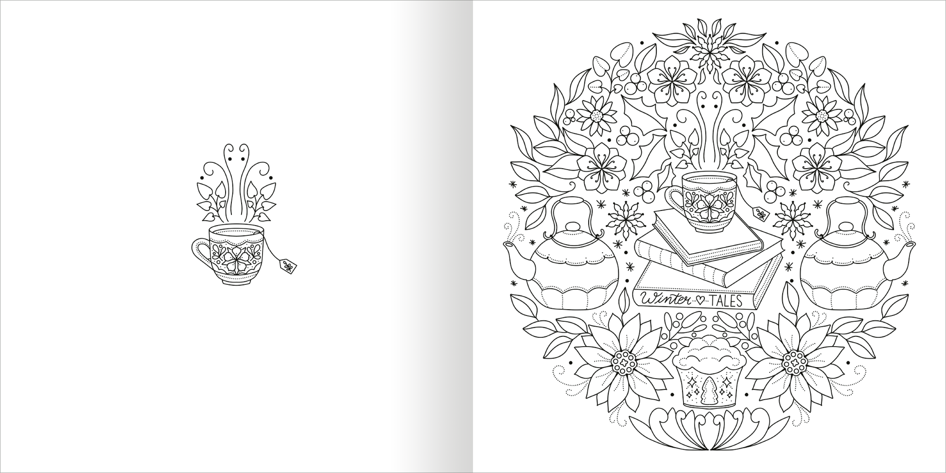 Gezeigt wird eine Innen- oder Zusatzansicht von „Mandala-Zauber – Winterzeit“. Die Abbildung zeigt ein detailliertes, schwarz-weißes Mandala mit verschiedenen Teetassen, einer Teekanne und Winterblumen. Die zarten Umrisse laden zum Ausmalen ein. In der Mitte ist ein Stapel Bücher platziert, darunter steht „Zeit für Tales“. Die floralen Elemente umgeben die zentralen Motive und verleihen der Komposition eine harmonische und ansprechende Atmosphäre.