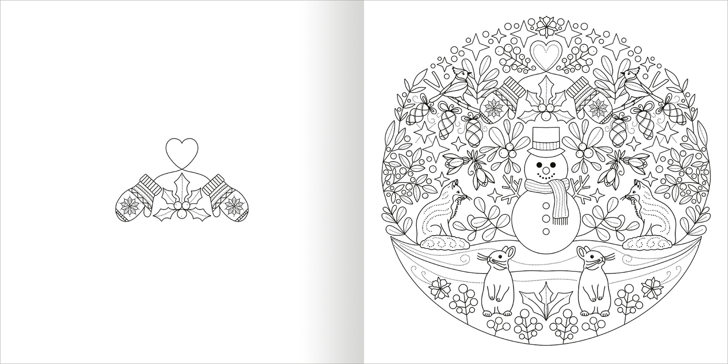 Gezeigt wird eine Innen- oder Zusatzansicht von „Mandala-Zauber – Winterzeit“. Die Seite zeigt ein detailliertes, kreisförmiges Mandala mit einem fröhlichen Schneemann in der Mitte. Umgeben wird er von einer Vielzahl winterlicher Pflanzen und dekorativer Elemente wie Sternen und Flocken. Die Farben sind in Schwarz-Weiß gehalten, sodass das Motiv zum Ausmalen einlädt. Unterhalb des Schneemanns sind zwei kleine Hasen abgebildet, die ebenfalls im winterlichen Thema gestaltet sind.