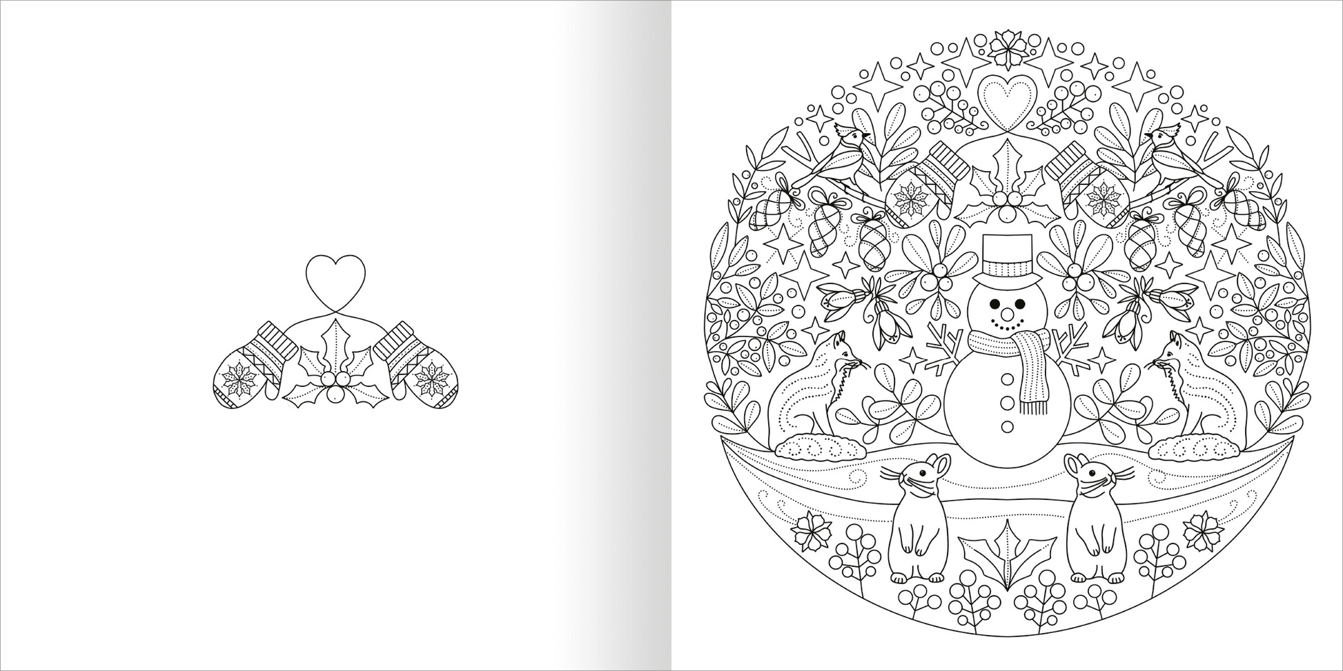 Gezeigt wird eine Innen- oder Zusatzansicht von „Mandala-Zauber – Winterzeit“. Die Seite zeigt ein detailliertes, kreisförmiges Mandala mit einem fröhlichen Schneemann in der Mitte. Umgeben wird er von einer Vielzahl winterlicher Pflanzen und dekorativer Elemente wie Sternen und Flocken. Die Farben sind in Schwarz-Weiß gehalten, sodass das Motiv zum Ausmalen einlädt. Unterhalb des Schneemanns sind zwei kleine Hasen abgebildet, die ebenfalls im winterlichen Thema gestaltet sind.