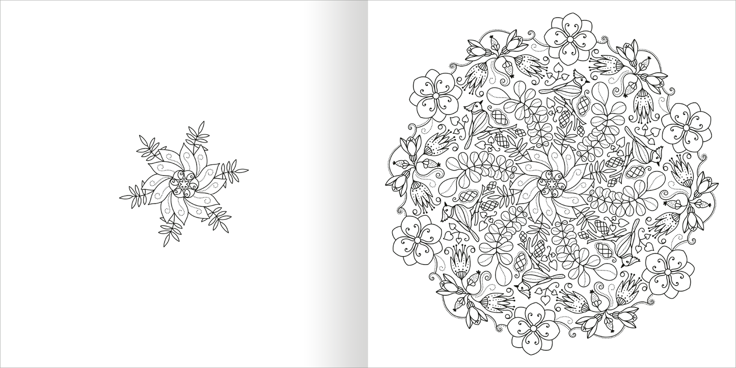 Gezeigt wird eine Innen- oder Zusatzansicht von „Mandala-Zauber – Winterzeit“. Auf der linken Seite ist ein filigranes, kreisförmiges Motiv mit zarten Blumen und Blättern in Schwarz-Weiß zu sehen. Die zentrale Darstellung zeigt ein detailliertes Mandala, das durch symmetrische Formen und eine Vielzahl von floralen Elementen besticht.