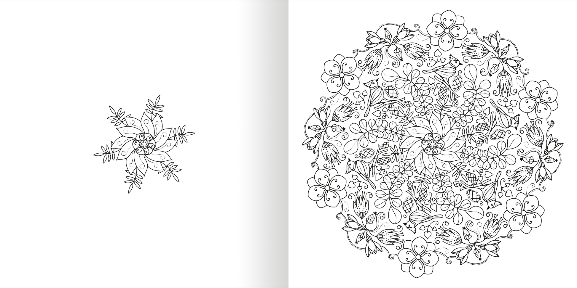 Gezeigt wird eine Innen- oder Zusatzansicht von „Mandala-Zauber – Winterzeit“. Auf der linken Seite ist ein filigranes, kreisförmiges Motiv mit zarten Blumen und Blättern in Schwarz-Weiß zu sehen. Die zentrale Darstellung zeigt ein detailliertes Mandala, das durch symmetrische Formen und eine Vielzahl von floralen Elementen besticht.