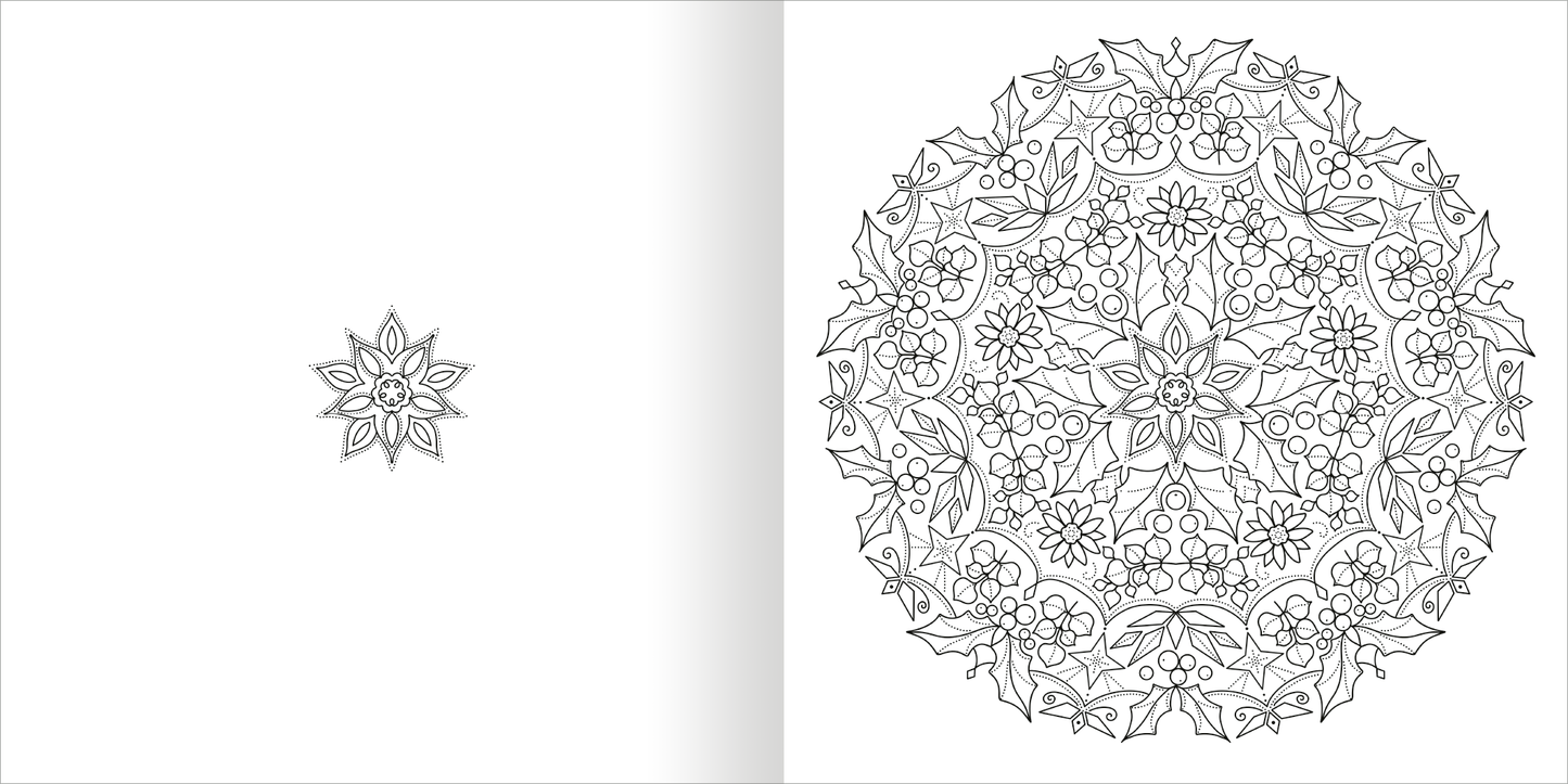 Gezeigt wird eine Innen- oder Zusatzansicht von „Mandala-Zauber – Winterzeit“. Auf der linken Seite ist ein kleiner blütenförmiger Entwurf zu sehen, während die rechte Seite ein detailliertes, kreisförmiges Mandala in Schwarz-Weiß präsentiert. Die Muster bestehen aus winterlichen Pflanzen und geometrischen Formen, die harmonisch miteinander verbunden sind. Die Feinheit der Linien und die symmetrische Anordnung laden zur kreativen Betätigung ein und schaffen eine meditative...