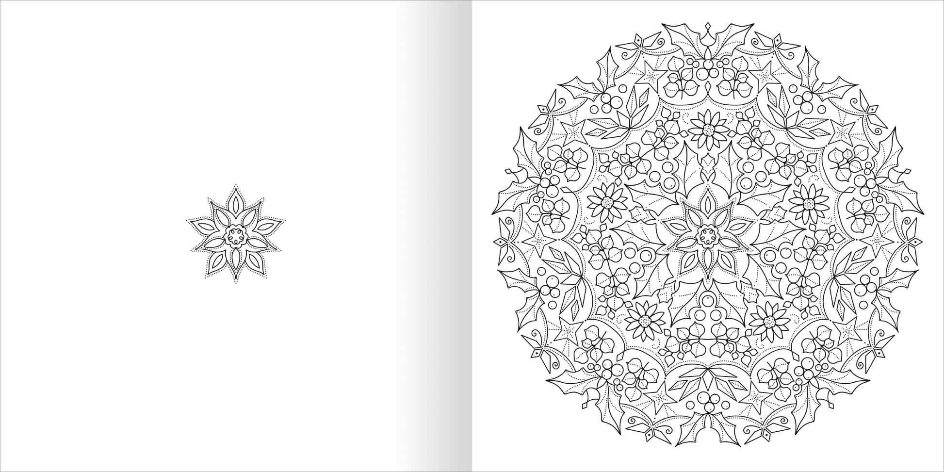 Gezeigt wird eine Innen- oder Zusatzansicht von „Mandala-Zauber – Winterzeit“. Auf der linken Seite ist ein kleiner blütenförmiger Entwurf zu sehen, während die rechte Seite ein detailliertes, kreisförmiges Mandala in Schwarz-Weiß präsentiert. Die Muster bestehen aus winterlichen Pflanzen und geometrischen Formen, die harmonisch miteinander verbunden sind. Die Feinheit der Linien und die symmetrische Anordnung laden zur kreativen Betätigung ein und schaffen eine meditative...