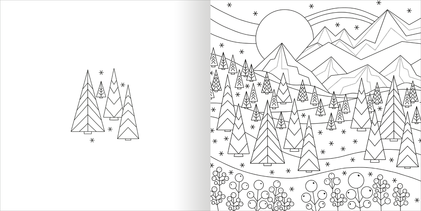 Gezeigt wird eine Innen- oder Zusatzansicht von „Mandala-Zauber – Winterzeit“. Auf der rechten Seite sind winterliche Landschaften mit stilisierten Bergen und Tannenbäumen in klaren, geometrischen Linien dargestellt. Der große Kreis stellt die Sonne dar, umgeben von geschwungenen Linien, die Wolken oder Polarlichter suggerieren. Auf der linken Seite sind vereinzelte Tannenbäume abgebildet. Die schwarzen Zeichnungen auf weißem Hintergrund bieten einen hohen Kontrast und eine...