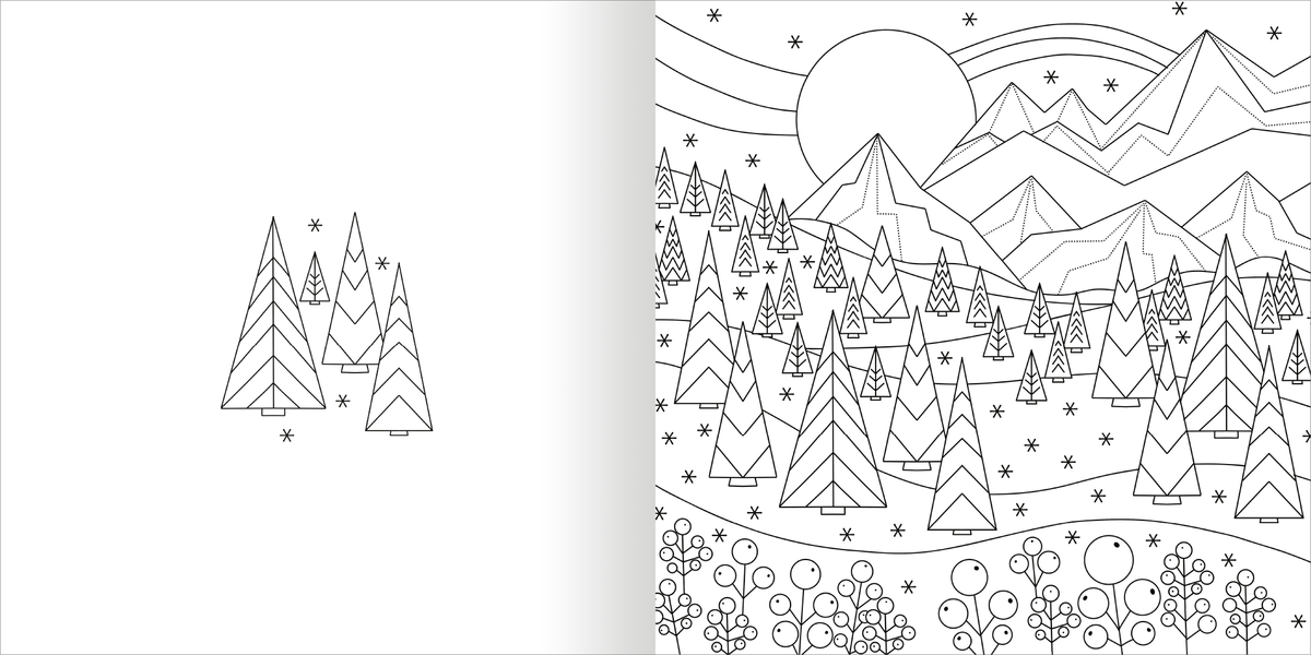 Gezeigt wird eine Innen- oder Zusatzansicht von „Mandala-Zauber – Winterzeit“. Auf der rechten Seite sind winterliche Landschaften mit stilisierten Bergen und Tannenbäumen in klaren, geometrischen Linien dargestellt. Der große Kreis stellt die Sonne dar, umgeben von geschwungenen Linien, die Wolken oder Polarlichter suggerieren. Auf der linken Seite sind vereinzelte Tannenbäume abgebildet. Die schwarzen Zeichnungen auf weißem Hintergrund bieten einen hohen Kontrast und eine...