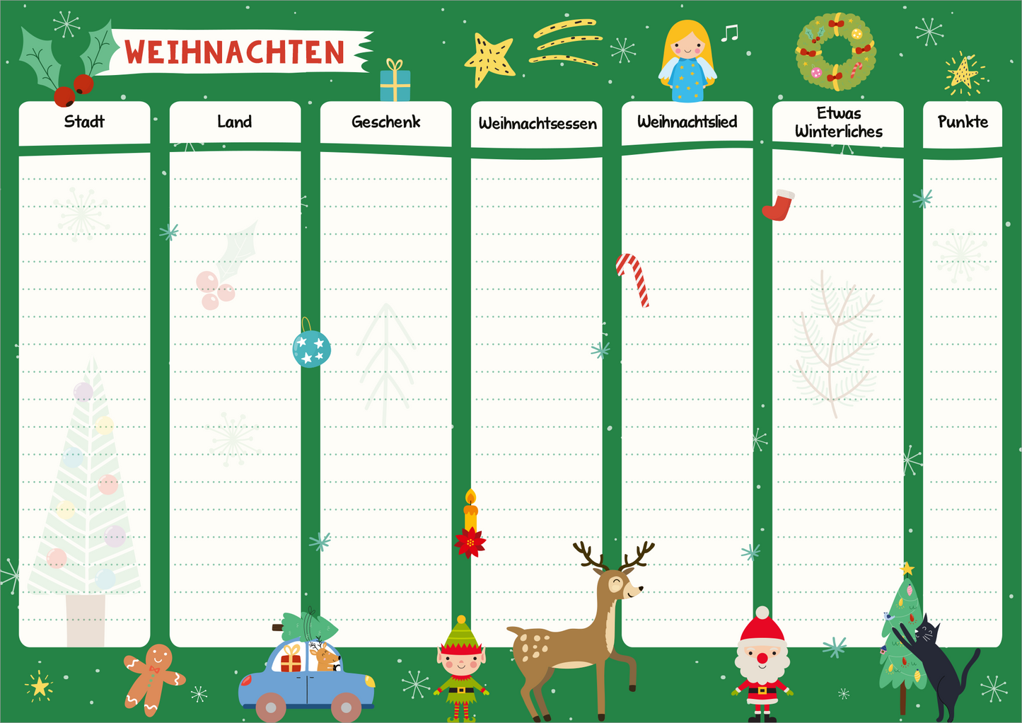 Gezeigt wird eine Innen- oder Zusatzansicht von „Stadt, Land, Schneeballschlacht“. Der Hintergrund ist in einem kräftigen Grün gehalten und zeigt Weihnachtsmotive wie Sterne, einen Weihnachtskranz und geschmückte Tannenbäume. In der oberen Mitte steht der Titel „WEIHNACHTEN“ in einer verspielten Schrift. Darunter befinden sich mehrere leere Felder zur Eingabe von Informationen, umgeben von Figuren wie einem Rentier, einem Weihnachtsmann und einem Auto. Die gesamte Gestaltung...