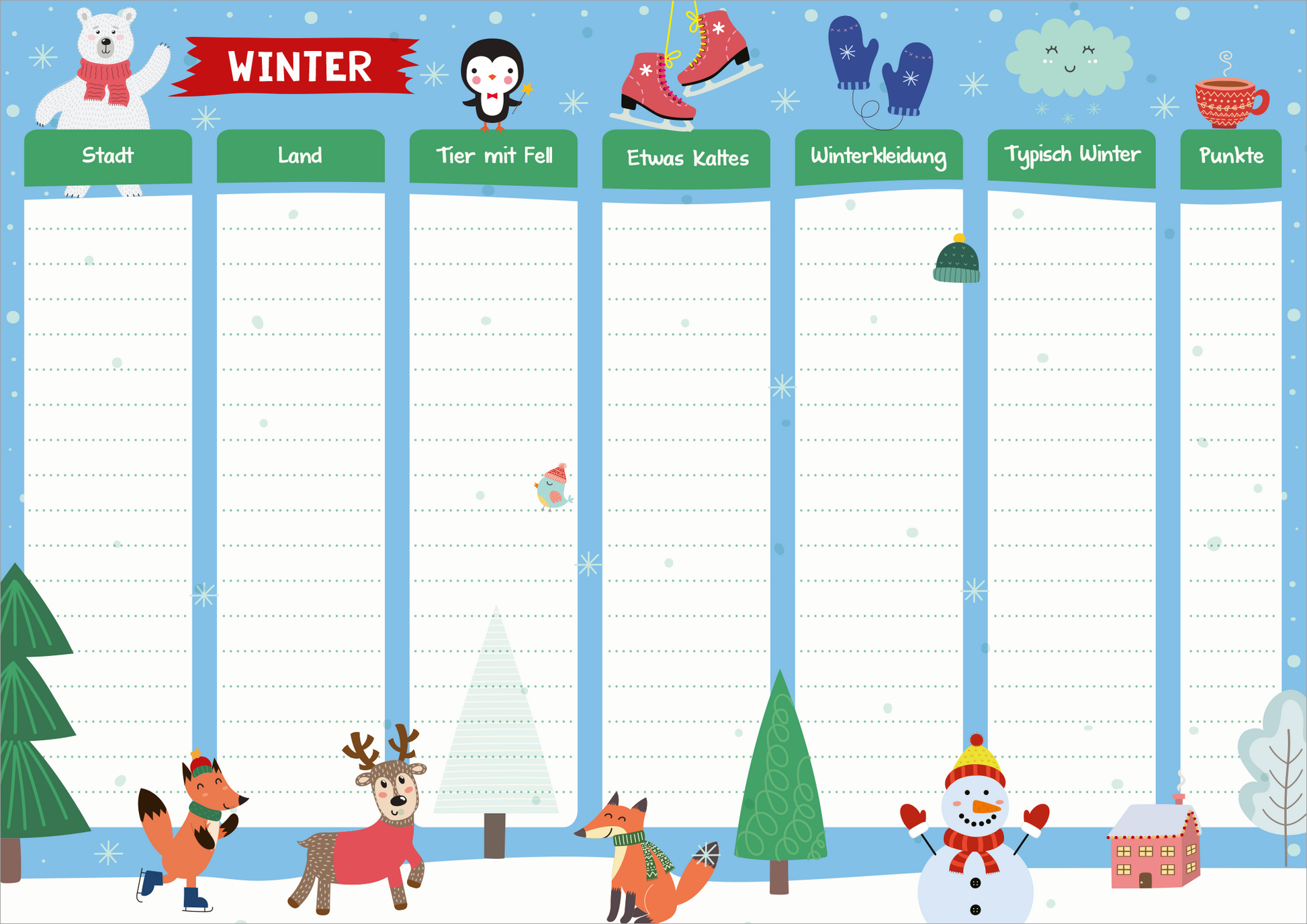 Gezeigt wird eine Innen- oder Zusatzansicht von „Stadt, Land, Schneeballschlacht“. Die farbenfrohe Illustration zeigt eine winterliche Szene mit sanften blauen und weißen Tönen. Oben prangt ein rotes Banner mit dem Wort „WINTER“. Sechs Spalten sind klar definiert, jede mit einem bunten Kopfbereich. Kräftige Farben und niedliche winterliche Motive wie ein Schneemann, Tiere und Schneeflocken umrahmen die leeren Felder für Eintragungen. Die Typografie ist groß und gut lesbar, ideal...