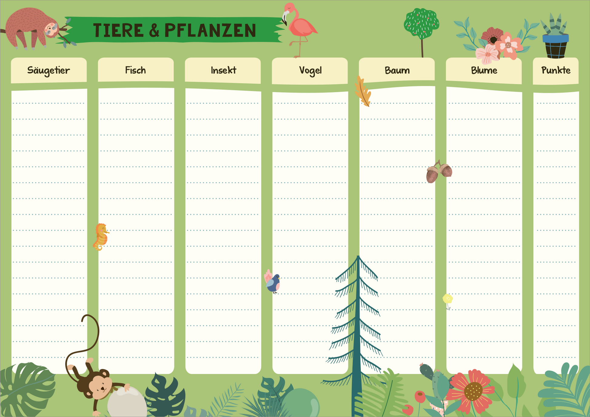 Gezeigt wird eine Innen- oder Zusatzansicht von „Stadt, Land, Schneeballschlacht“. Die Ansicht präsentiert ein hellgrünes Layout mit der Überschrift „Tiere & Pflanzen“ in verspielter, schwarzer Typografie. Sechs Spalten sind angelegt, in die jeweils ein Tier- oder Pflanzenbegriff eingetragen werden kann. Umrahmt wird das Layout von bunten, kindgerechten Illustrationen, darunter ein Faultier, Vögel und florale Elemente, die eine lebendige und einladende Atmosphäre schaffen.