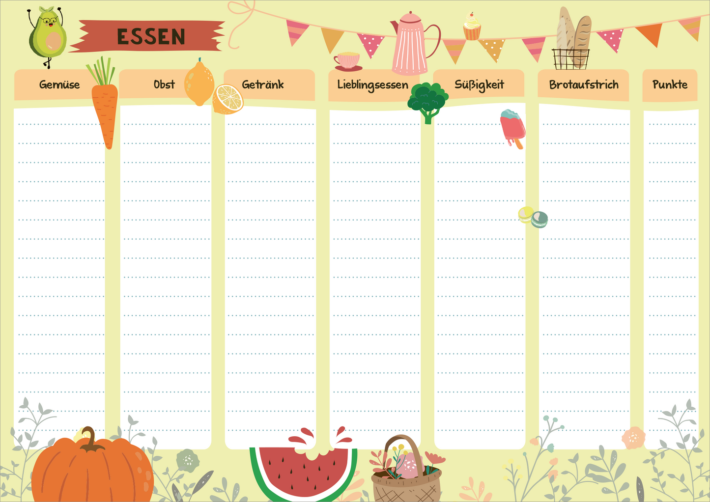 Gezeigt wird eine Innen- oder Zusatzansicht von „Stadt, Land, Schneeballschlacht“. Die Ansicht zeigt ein hellgelbes Blatt mit fröhlichen, bunten Elementen. In der oberen Hälfte sind typische Essensrubriken wie „Gemüse“, „Obst“ und „Getränk“ mit einer verspielten Schriftart hervorgehoben. Darunter befinden sich leere Linien zum Eintragen. Umrahmt wird das Layout von dekorativen Illustrationen wie Obst, Gemüse und einem Wasserkrug, die eine einladende Atmosphäre schaffen.