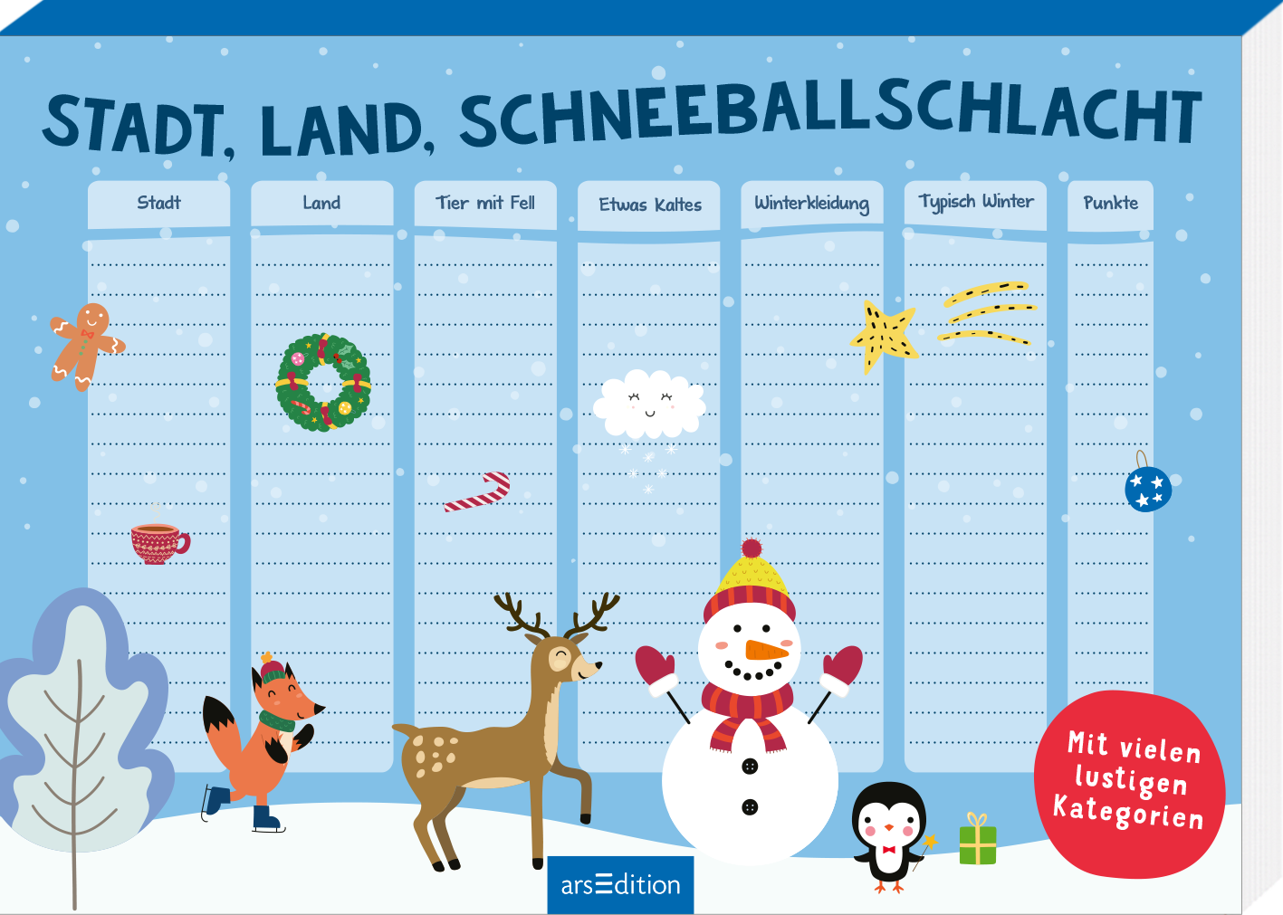 Das Buchcover zeigt einen winterlichen Hintergrund in sanften Blautönen mit schneebedecktem Boden. Im Vordergrund sind verschiedene niedliche Tiere, darunter ein Fuchs, ein Rentier, ein Schneemann und ein Pinguin, die fröhlich in einer verschneiten Landschaft stehen. Über ihnen prangt der Titel „STADT, LAND, SCHNEEBALLSCHLACHT“ in großen, verspielten, weißen Buchstaben. In der unteren rechten Ecke befindet sich ein roter Button mit dem Text „Mit vielen lustigen Kategorien“. Ganz...