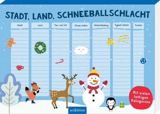 Das Buchcover zeigt einen winterlichen Hintergrund in sanften Blautönen mit schneebedecktem Boden. Im Vordergrund sind verschiedene niedliche Tiere, darunter ein Fuchs, ein Rentier, ein Schneemann und ein Pinguin, die fröhlich in einer verschneiten Landschaft stehen. Über ihnen prangt der Titel „STADT, LAND, SCHNEEBALLSCHLACHT“ in großen, verspielten, weißen Buchstaben. In der unteren rechten Ecke befindet sich ein roter Button mit dem Text „Mit vielen lustigen Kategorien“. Ganz...