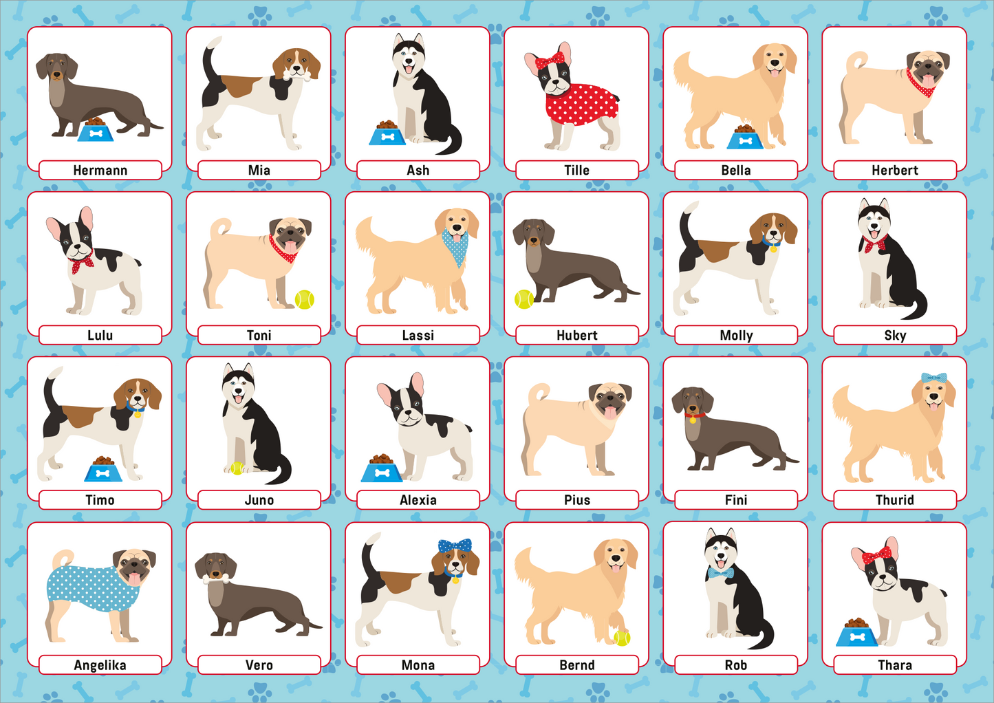 Gezeigt wird eine Innen- oder Zusatzansicht von „Wer bin ich? Tiere“. Die Abbildung zeigt quadratische Karten mit stilisierten Tierfiguren, hauptsächlich Affen. Jede Karte enthält einen farbigen Hintergrund und den jeweiligen Namen des Tieres in einer klaren, gut lesbaren Schrift. Die Farbpalette umfasst warme Töne wie Braun und Gelb sowie frische Akzentfarben. Die Figuren tragen verschiedene Accessoires wie Hüte und Brillen, was ihnen individuelle Charaktere verleiht.