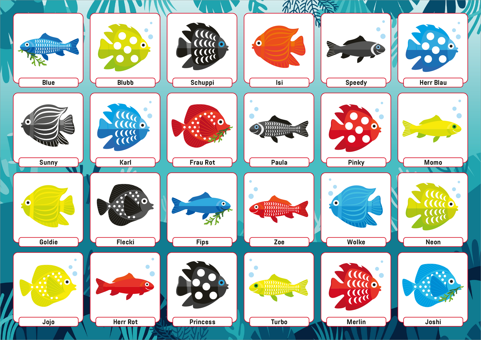 Gezeigt wird eine Innen- oder Zusatzansicht von „Wer bin ich? Tiere“. Das Bild zeigt eine Übersicht verschiedener bunter Fische, die in rechteckigen Kästchen angeordnet sind. Jeder Fisch ist stilisiert und trägt unterschiedliche Farben, wie Blau, Rot, Gelb und Pink, oftmals kombiniert mit Mustern. Die Kästchen sind von einer hellen Hintergrundfarbe umgeben, und die Schrift ist klar und gut lesbar. Einige Fische sind mit kleinen Accessoires, wie Hüten, versehen, was den verspielten...