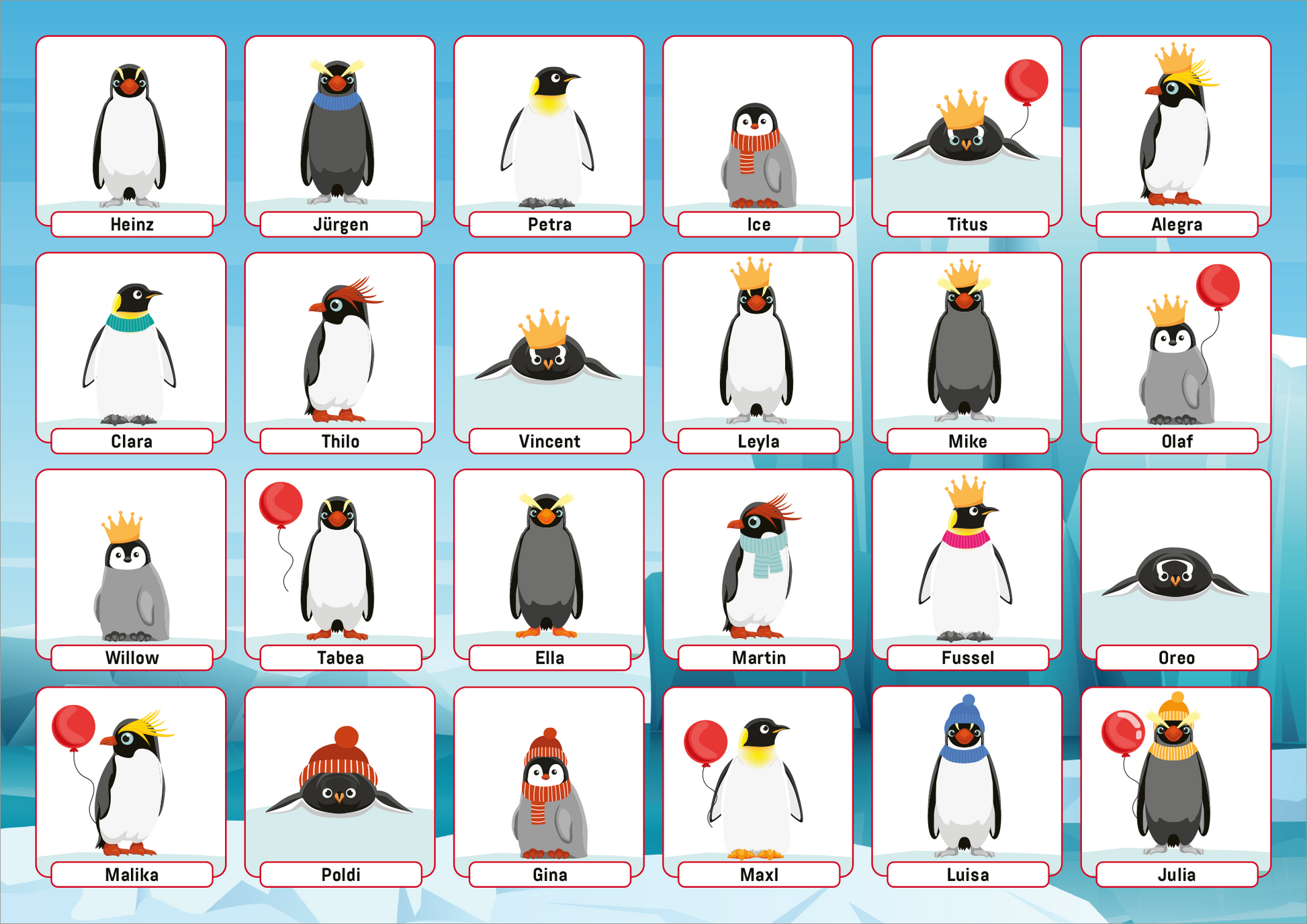 Gezeigt wird eine Innen- oder Zusatzansicht von „Wer bin ich? Tiere“. Die Ansicht zeigt eine Anordnung von 16 süßen, cartoonhaften Pinguinen, die in verschiedenen Farben und mit unterschiedlichen Accessoires wie Krönchen, Hüten und Luftballons dargestellt sind. Die Pinguine sind auf einem hellblauen Hintergrund platziert, der an eine kalte, arktische Umgebung erinnert. Die Namen der Pinguine sind in einer verspielten, gut lesbaren Schriftart in weißen Kästen unter den jeweiligen...