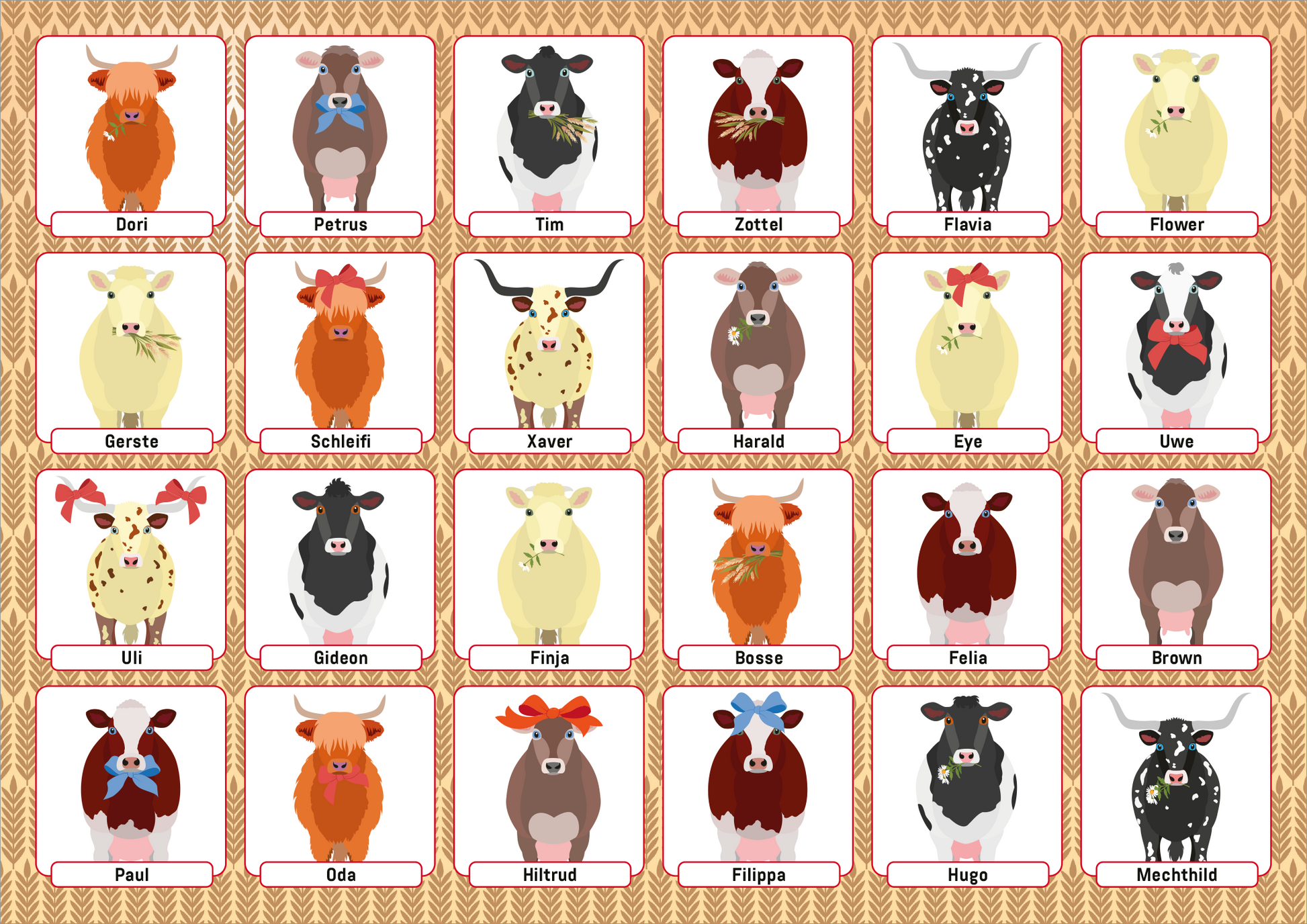 Gezeigt wird eine Innen- oder Zusatzansicht von „Wer bin ich? Tiere“. Die Darstellung zeigt eine gridartige Anordnung von verschiedenen Tierillustrationen, hauptsächlich von Kühen, in unterschiedlichen Farben wie Braun, Schwarz, Weiß und Orange. Jedes Tier hat eine charakteristische Mimik und trägt ein farbiges Halsband oder eine andere Markierung. Unter jedem Bild befindet sich ein beschriftetes Feld mit dem Namen des Tiers, in einer klaren, gut lesbaren Typografie in roter Schrift auf...