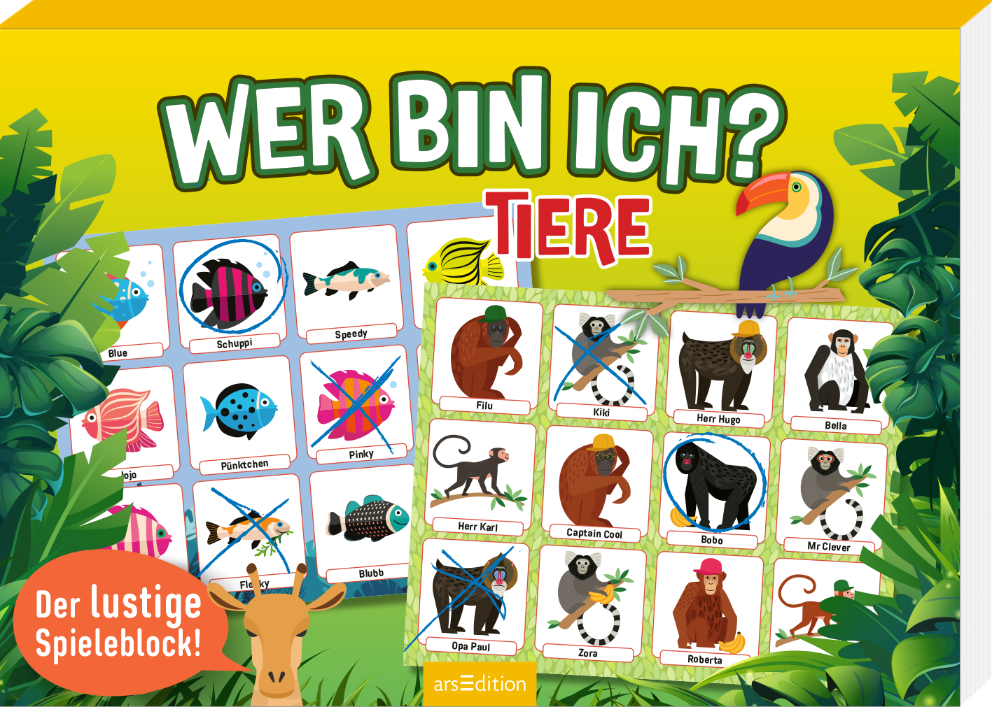 Das Buchcover zeigt eine lebendige Dschungel-Szene, dominiert von sattem Grün. Im oberen Bereich steht in großen, auffälligen Buchstaben „WER BIN ICH? TIERE“ in Gelb und Grün. Darunter sind auf einem hellen Hintergrund bunte Tierillustrationen angeordnet, darunter ein Tukane, Affen und weitere Tiere. Ein roter Sticker in der unteren linken Ecke trägt den Text „Der lustige Spieleblock“. Ganz unten mittig steht der Logoschriftzug von arsEdition.