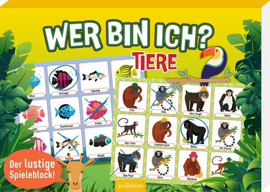 Das Buchcover zeigt eine lebendige Dschungel-Szene, dominiert von sattem Grün. Im oberen Bereich steht in großen, auffälligen Buchstaben „WER BIN ICH? TIERE“ in Gelb und Grün. Darunter sind auf einem hellen Hintergrund bunte Tierillustrationen angeordnet, darunter ein Tukane, Affen und weitere Tiere. Ein roter Sticker in der unteren linken Ecke trägt den Text „Der lustige Spieleblock“. Ganz unten mittig steht der Logoschriftzug von arsEdition.