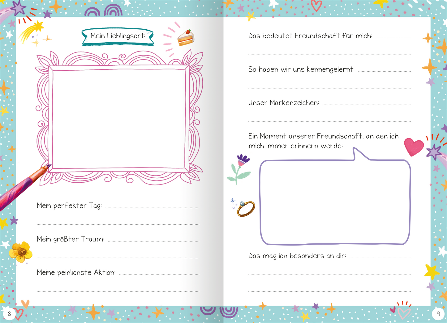 Gezeigt wird eine Innenansicht von „Ihr seid die Besten! – Das schönste Freundschaftsbuch ever“. Die Seite ist bunt und verspielt gestaltet mit Illustrationen in pastelligen Farben. Hier können sich Freundinnen und Freunde eintragen, ein Foto einkleben, verschiedene Fragen beantworten und Dinge ausmalen oder ankreuzen.