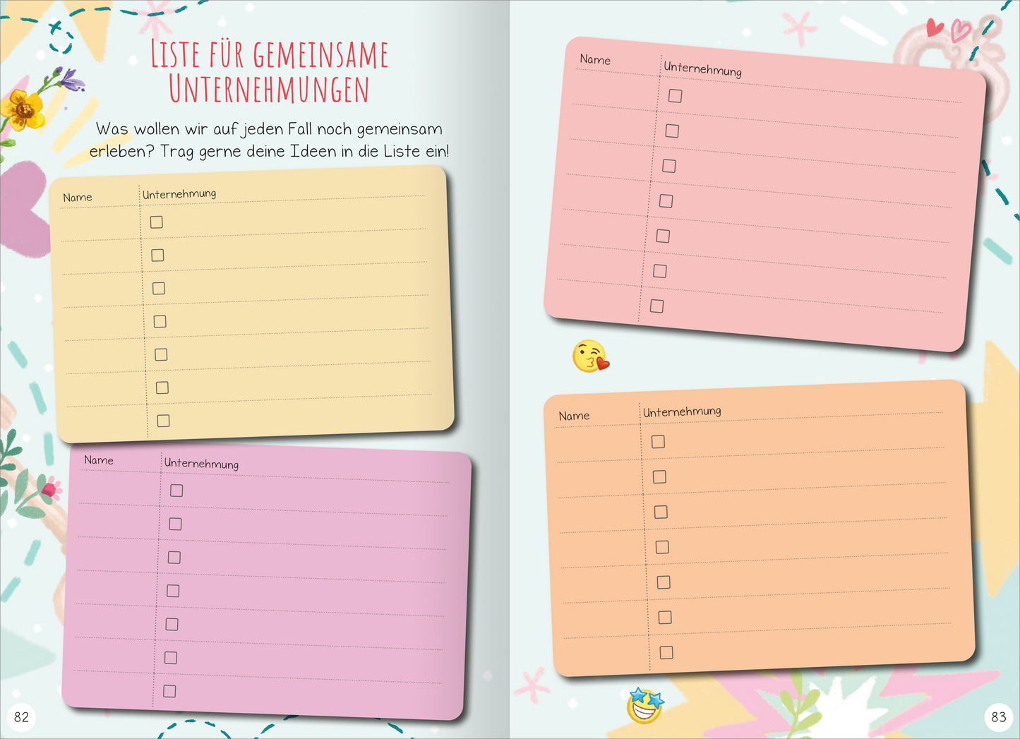 Gezeigt wird eine Innenansicht von „Ihr seid die Besten! – Das schönste Freundschaftsbuch ever“. Auf dieser Doppelseite wird dazu eingeladen, Listen für gemeinsame Unternehmungen zu führen. Dafür sind über die Seite verteilt vier farbige Kästen verteilt, in denen sich Listen zum Ausfüllen finden.