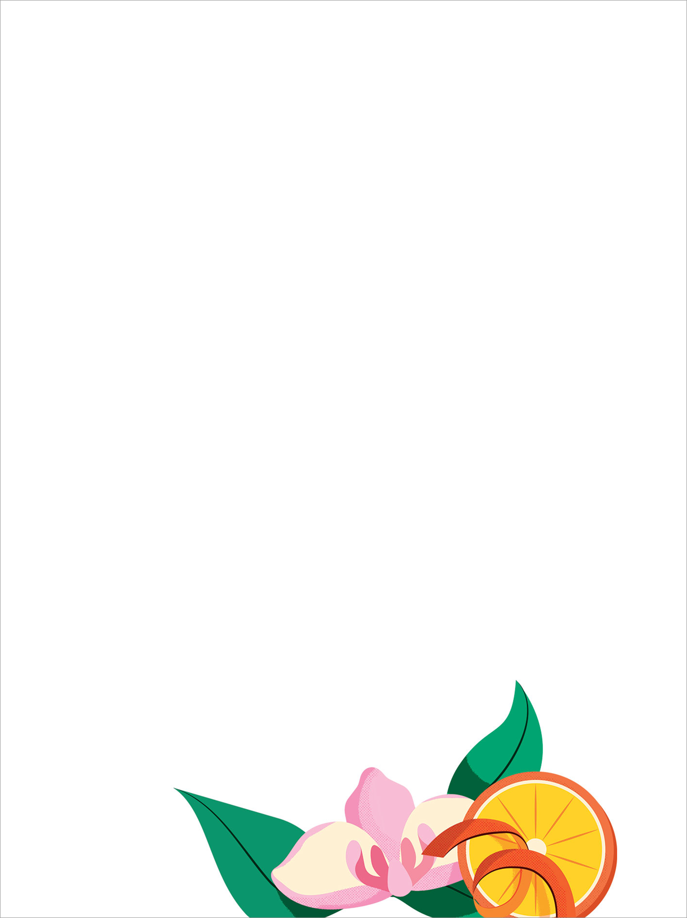 Gezeigt wird eine Innen- oder Zusatzansicht von „myNOTES Papeterie: Notizblock Farben des Sommers“. Der Notizblock zeigt in der unteren linken Ecke eine tropische Komposition aus einer pinken Blüte, grünen Blättern und einer orangefarbenen Zitrusfrucht. Der Hintergrund ist überwiegend weiß, was die lebendigen Farben betont. Die Typografie ist modern und klar, um eine gute Lesbarkeit zu gewährleisten.