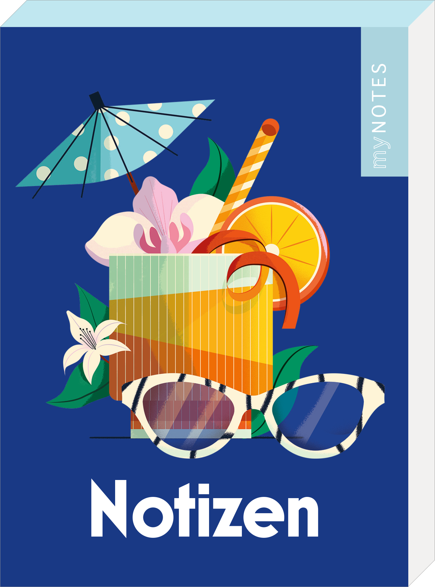 Das Buchcover zeigt ein stilvolles Illustration eines Cocktails in einem bunten Glas, dekoriert mit einer blauen, gepunkteten Sonnenschirmchen, einer Orangenscheibe und frischen Blumen. Im Vordergrund liegen elegante Brillengläser mit einem ausgefallenen Muster. Der Hintergrund ist in einem tiefen Blau gehalten, während der Titel „Notizen“ in großen, weißen Buchstaben mittig platziert ist. Ganz oben rechts ist die Aufschrift „my NOTES“ zu sehen. Ganz unten mittig steht der...
