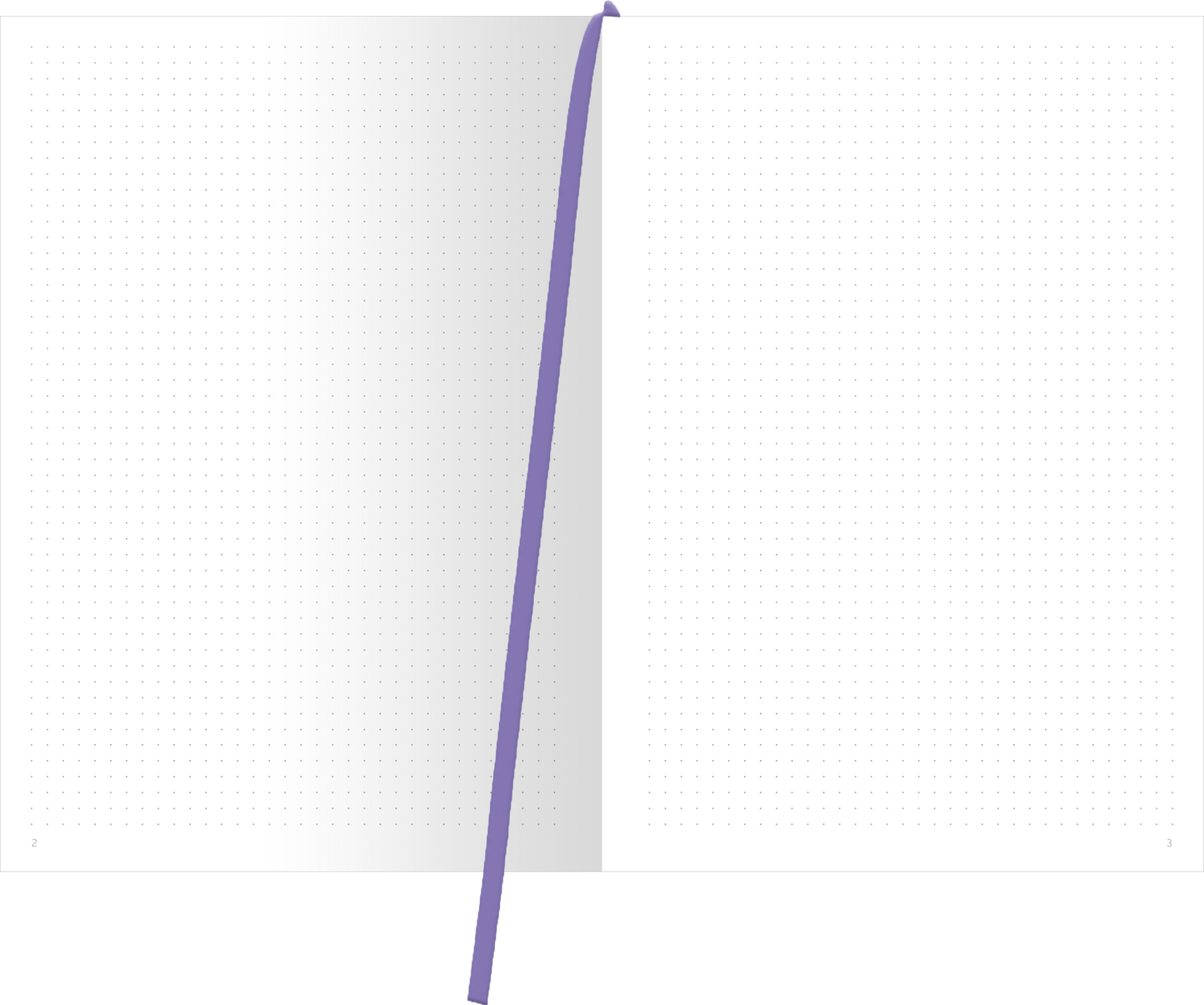 Gezeigt wird eine Innenansicht von „myNOTES Papeterie: Notizbuch A4 Farben des Sommers“. Die doppelten Seiten bieten ein leeres Layout mit feinen Punkten, ideal für Notizen und Skizzen. Der mittige lila Lesezeichenband ergänzt das Design, während die reinweißen Seiten einen klaren, minimalistischen Eindruck vermitteln. Die Gestaltung fördert kreatives Schreiben und bietet Platz für persönliche Gedanken. Die Typografie ist modern und gut lesbar.