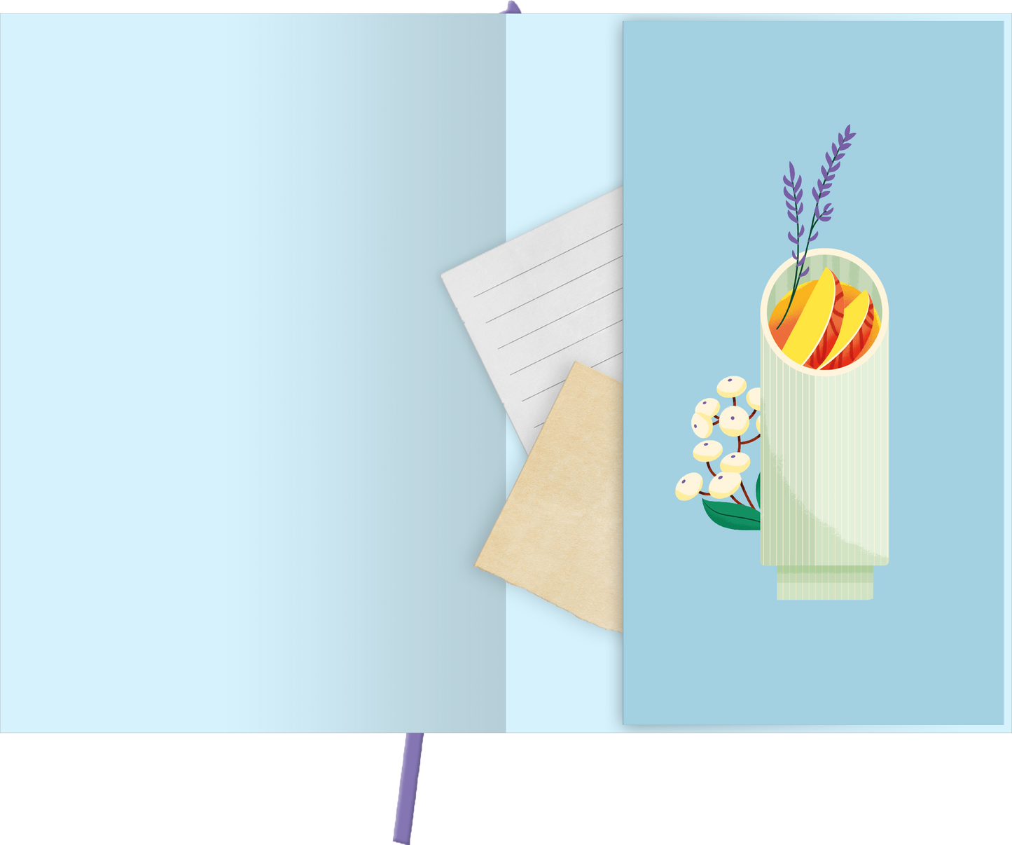 Gezeigt wird eine Innen- oder Zusatzansicht von „myNOTES Papeterie: Notizbuch A4 Farben des Sommers“. Die Innenseite zeigt einen sanften blauen Hintergrund, auf dem eine Illustration eines gefalteten Behälters mit buntem Obst und Lavendel zu sehen ist. Ergänzt wird das Bild durch kleine, weiße Blumen. Ein Teil des Notizbuchs enthält zudem eine beige und gestreifte Blätter mit linierter und unlinierter Oberfläche. Die Typografie ist klar und modern gestaltet.