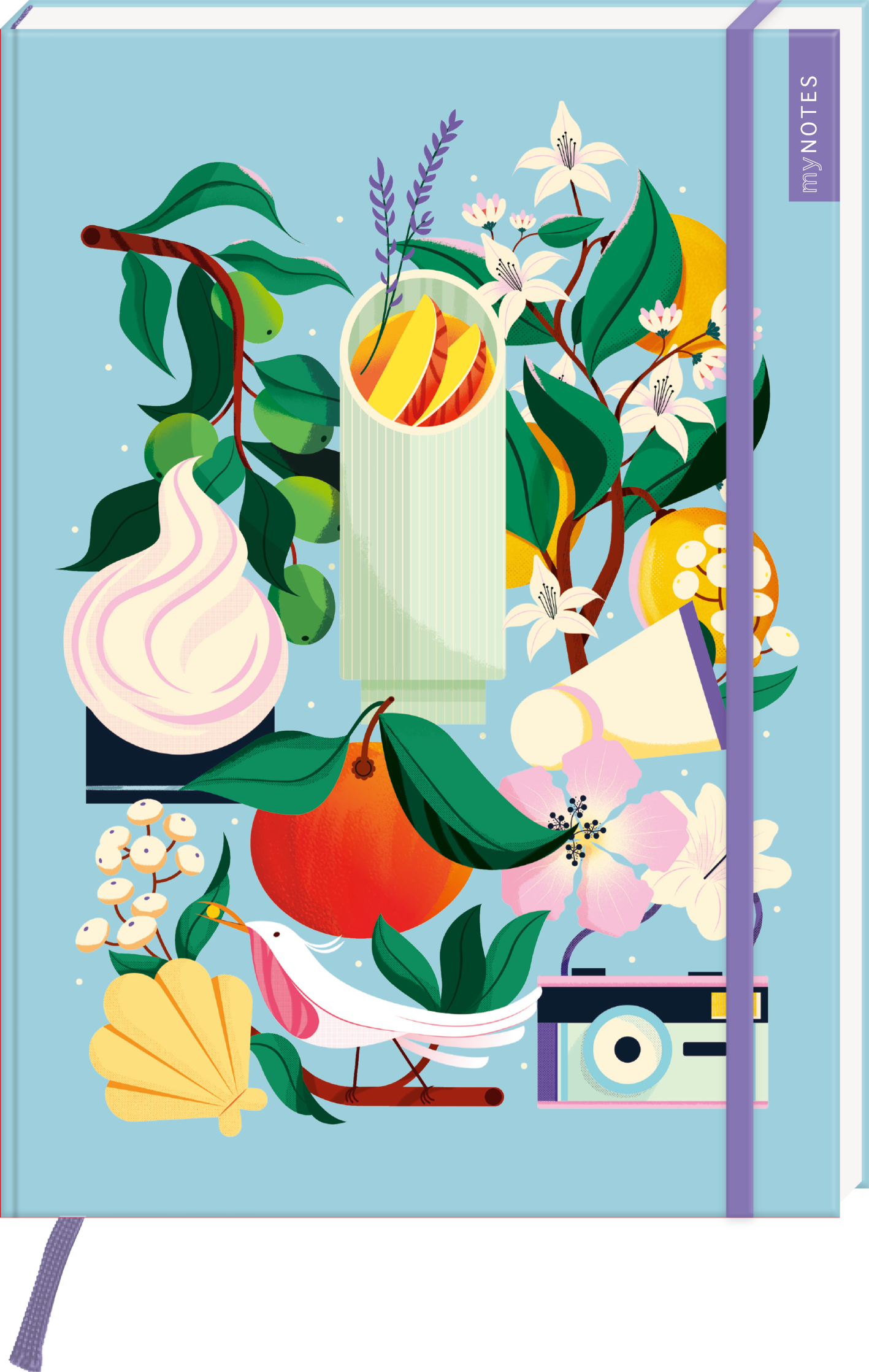 Das Buchcover zeigt eine harmonische Anordnung lebendiger Illustrationen von Pflanzen, Früchten und verschiedenen Objekten. Dominierende Farben sind sanfte Blau- und Grüntöne, ergänzt durch leuchtendes Rot, Gelb und Rosa. In der Mitte befindet sich ein hoher, grüner Becher, umgeben von einem bunten Mix aus Blüten, einer weißen Taube, einer Kamera und anderen floralen Motiven. Flankiert wird das Cover von einem lila Lesezeichen und oben rechts steht „myNOTES“ in klarer Schrift. Ganz...